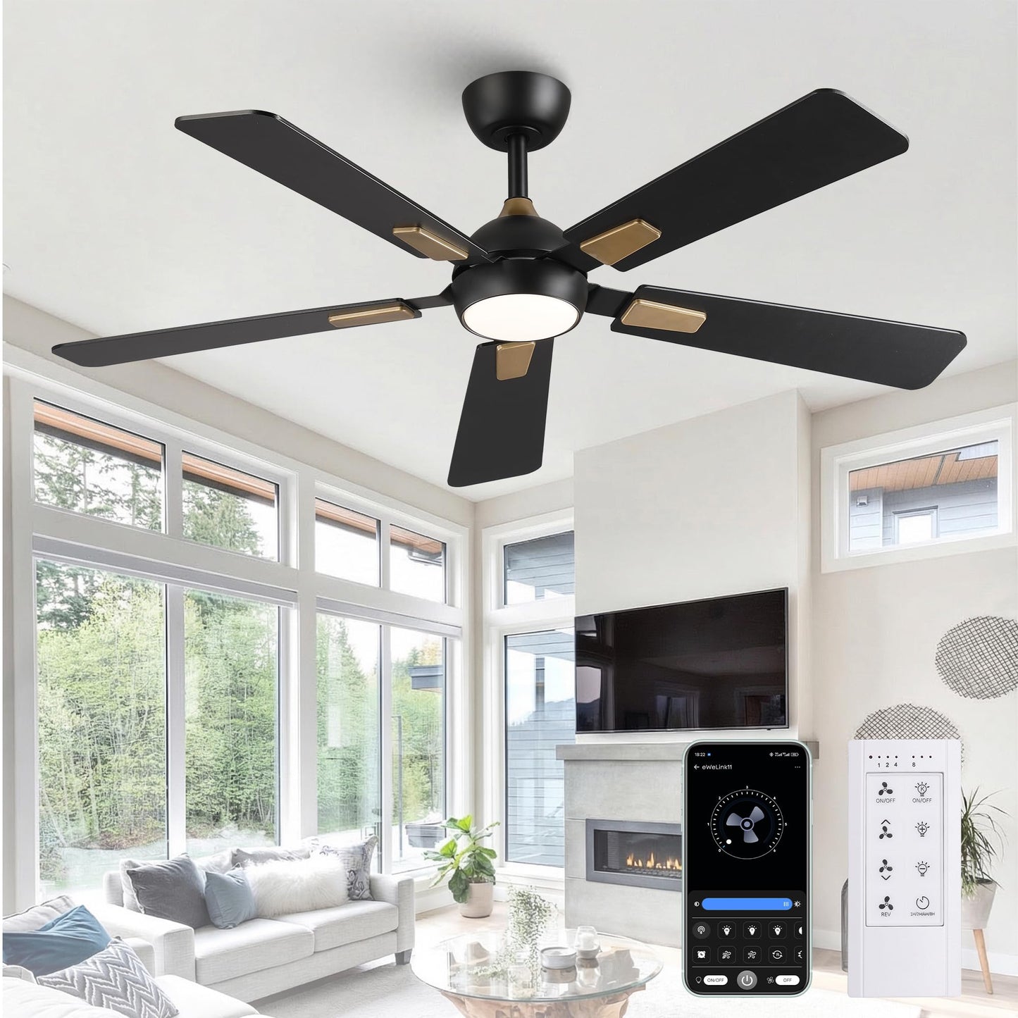 CalorHoga 52 Inch Ceiling Fan with Lights and Remote, DC Motor Quiet 6-Speed Reversible Fan, Dimmable LED 3000K/4000K/6000K, Smart APP Control, Modern