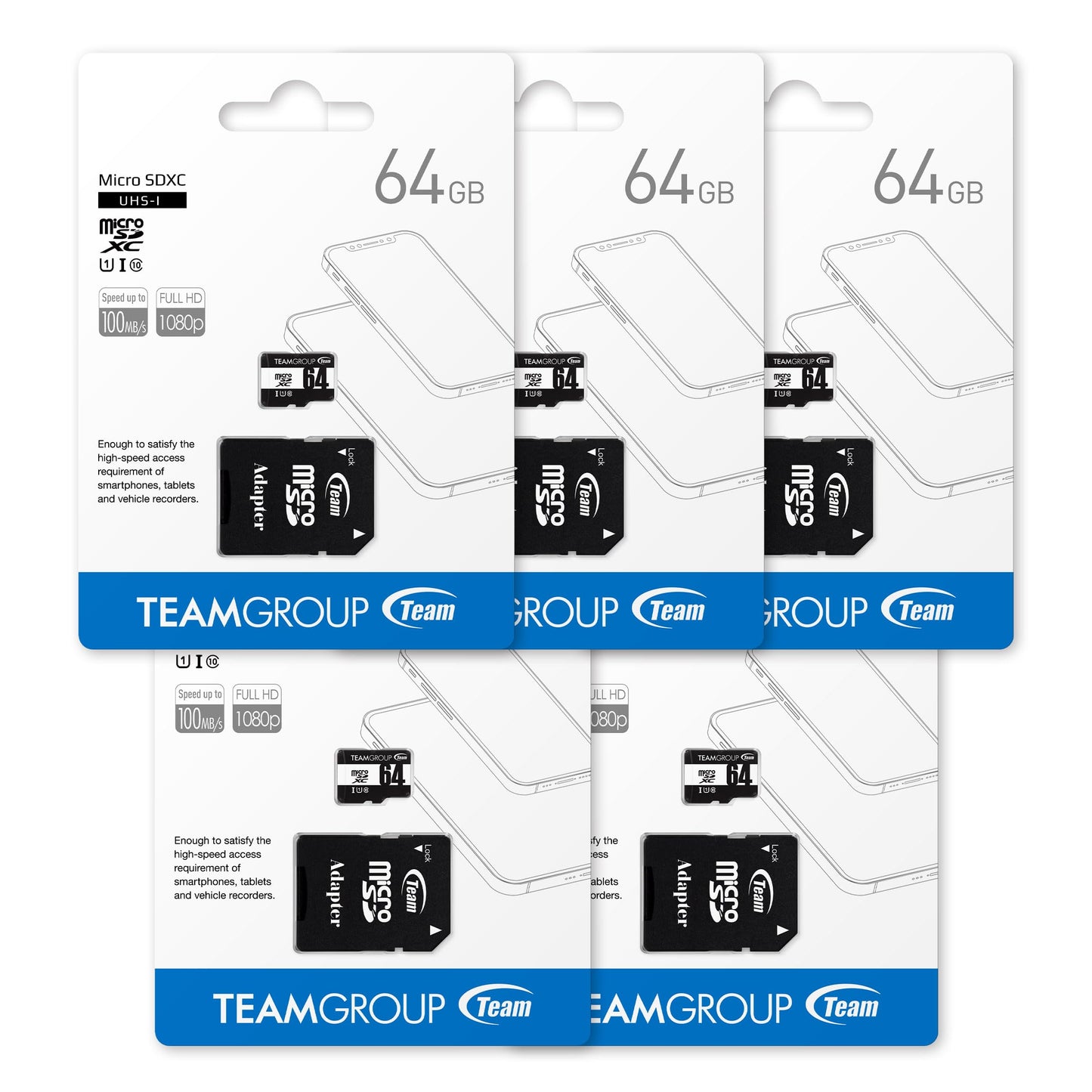 TEAMGROUP Micro 64GB 5 Pack UHS-I U1 Class 10 SDHC SDXC Read Speed up to 100MB/s High Speed Flash Meomry Card with Adapter for Camera, Surveillance