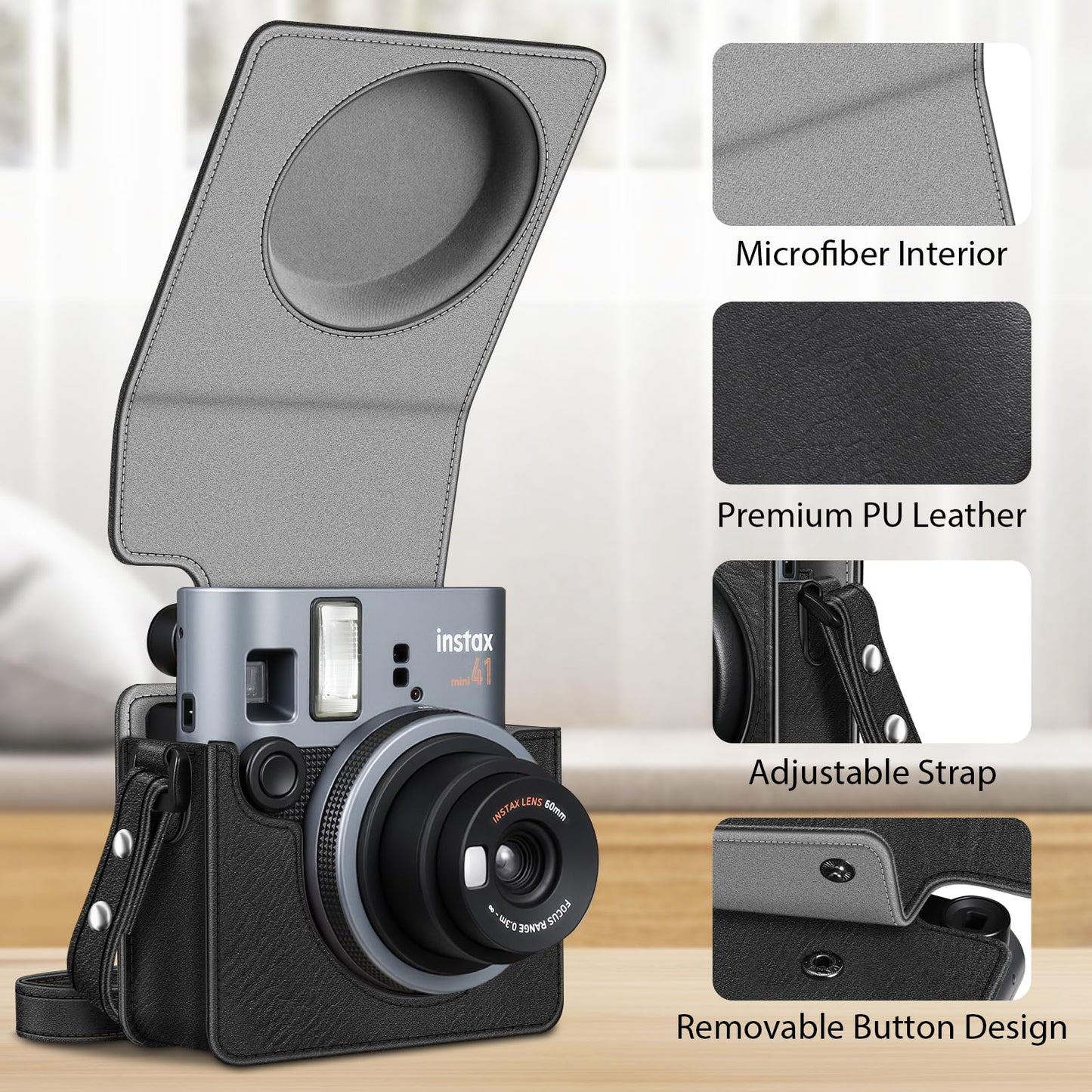 Fintie Protective Case for Fujifilm Instax Mini 41 Instant Camera - Premium Vegan Leather Bag Cover with Removable Adjustable Strap, Vintage Black