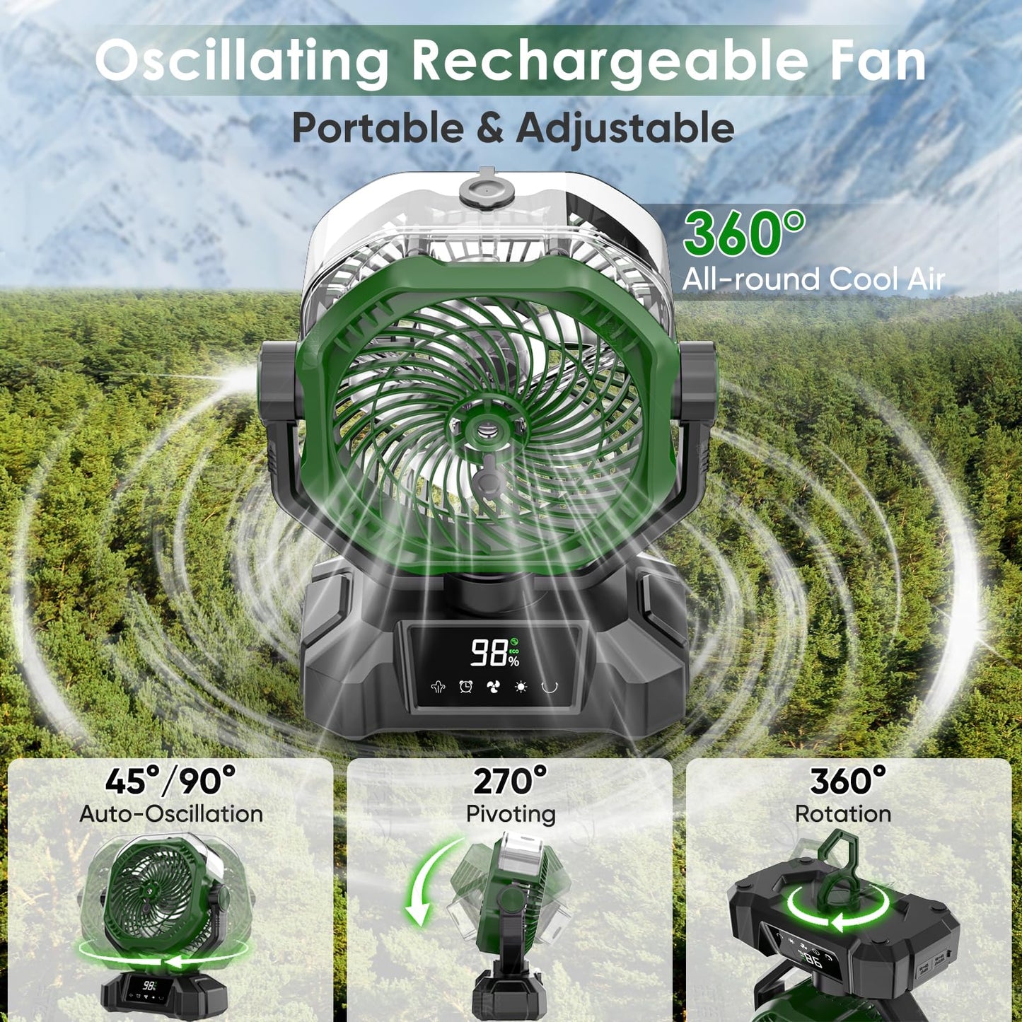 COZII Misting Fan Portable, 20000mAh Camping Fan Rechargeable with Mist - Mister with 360ml Water Tank, Touch Screen, 5 Speeds, 3 Colors LED Lantern