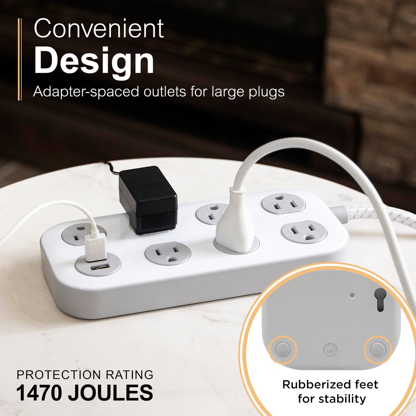 GE 7-Outlet Surge Protector Power Strip with USB, 2 USB-A, 4 Ft Braided Cord, Multi Plug Outlet Extender, Flat Plug, Charging Station, 2.4A, 1470