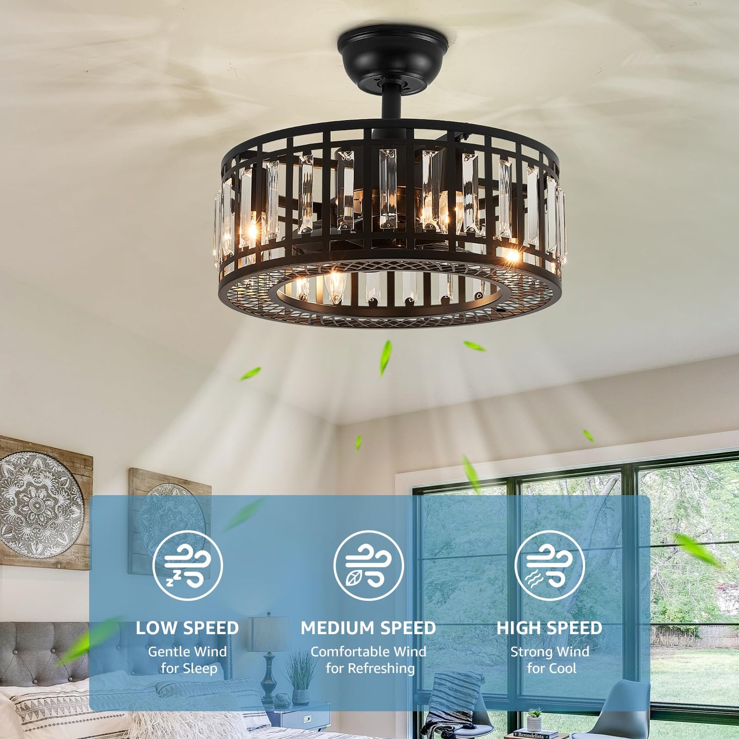 MOOONICHE 18" Black Crystal Caged Ceiling Fan with Light and Remote, Industrial Caged Chandelier Fan 8-Blade Fandelier Modern Enclosed Ceiling Fan