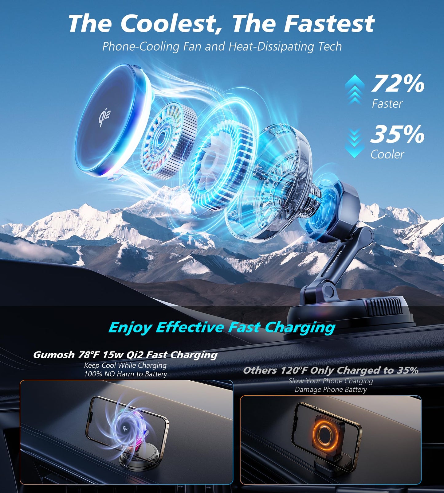 for Qi2 15W MagSafe Car Mount Charger with Cooling Fan, [Rapid Charging Cooler with RGB Lights], 78+LBS Stronger Suction Wireless Magnetic Mount on