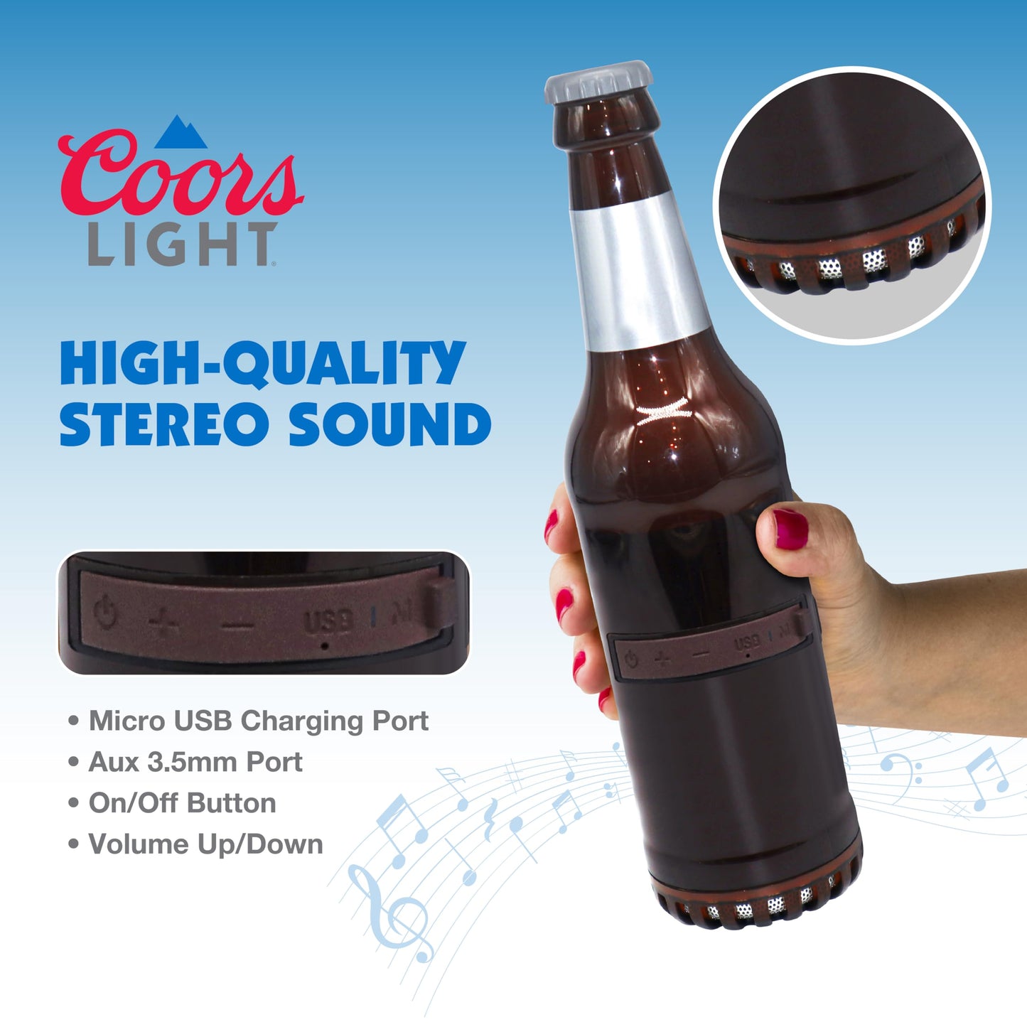 Coors Light Bottle Shape Bluetooth Speaker with High-Fidelity Stereo, Splash Proof, 6H Playtime & AUX Port - Ideal for Outdoor, Indoor Parties