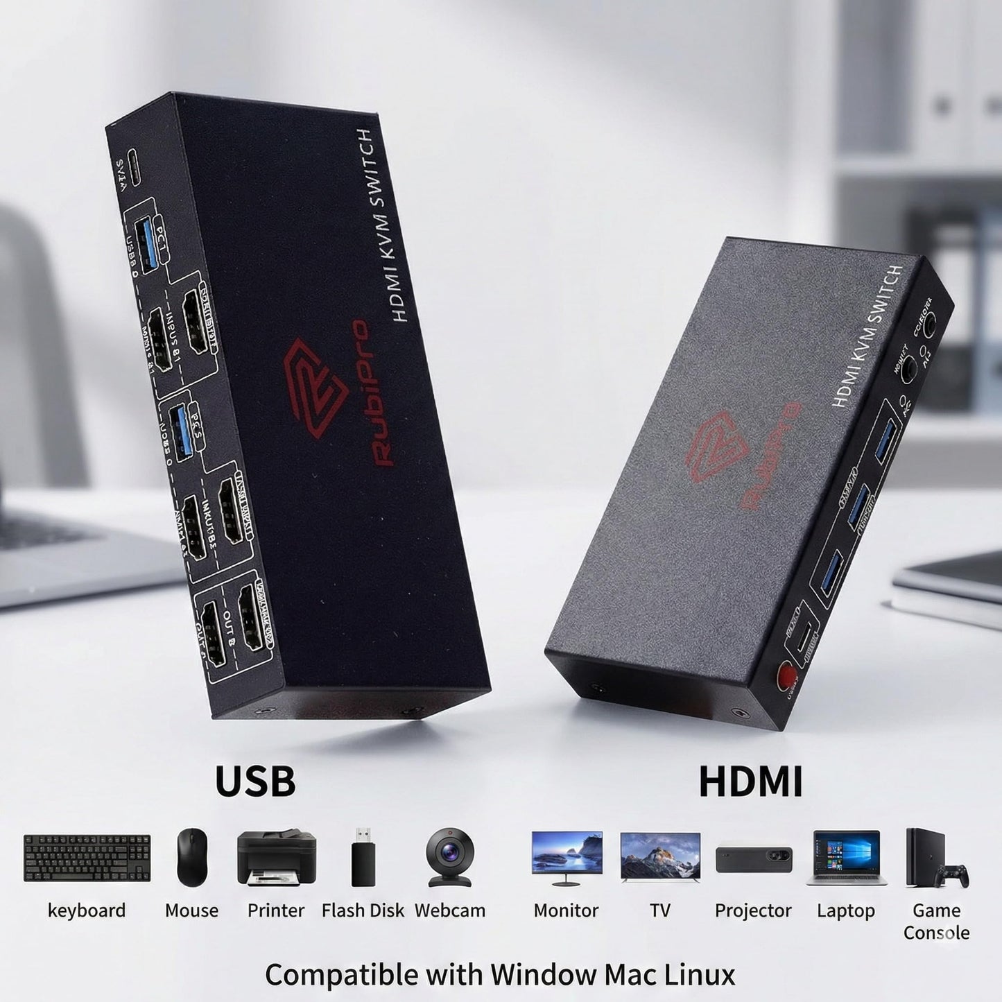 RubiPro HDMI KVM Switch 2 Monitors 2 Computers - Dual Display 8K@60Hz, 4K@120Hz, USB 3.0 Fast Data Transfer, Plug & Play for Windows/Mac/Linux with an