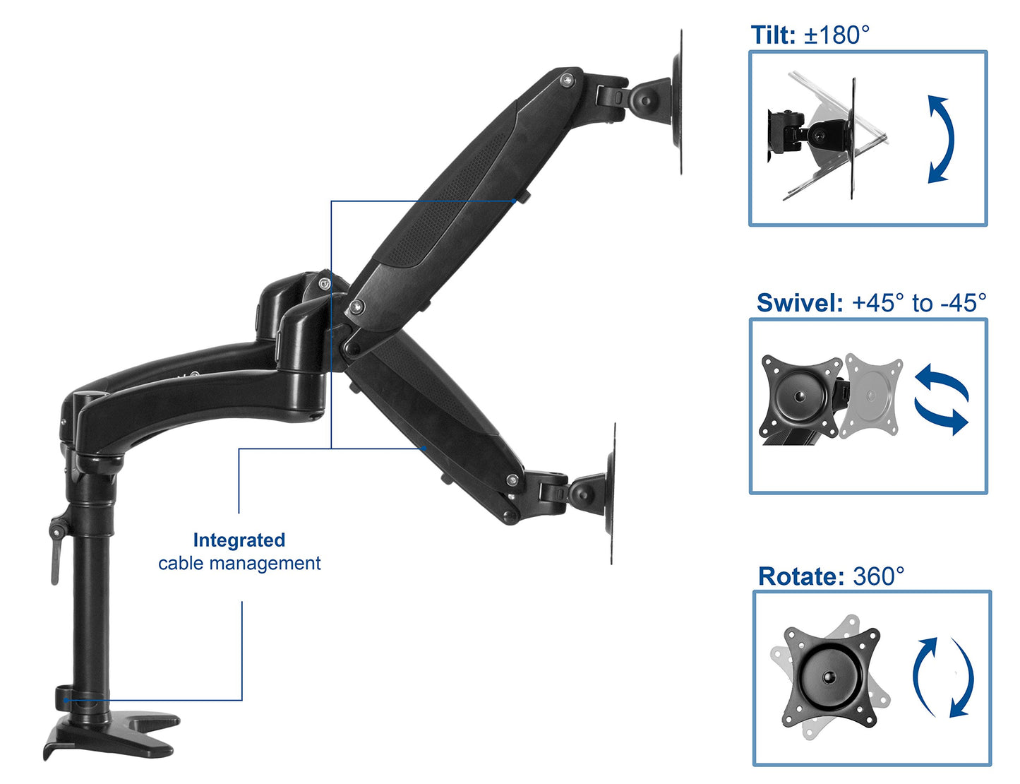 VIVO Premium Black Dual Monitor Pneumatic Counterbalance Height Adjustable Arm, Desk Mount Stand, Holds 2 LCD Screens up to 27 inches STAND-V002JB