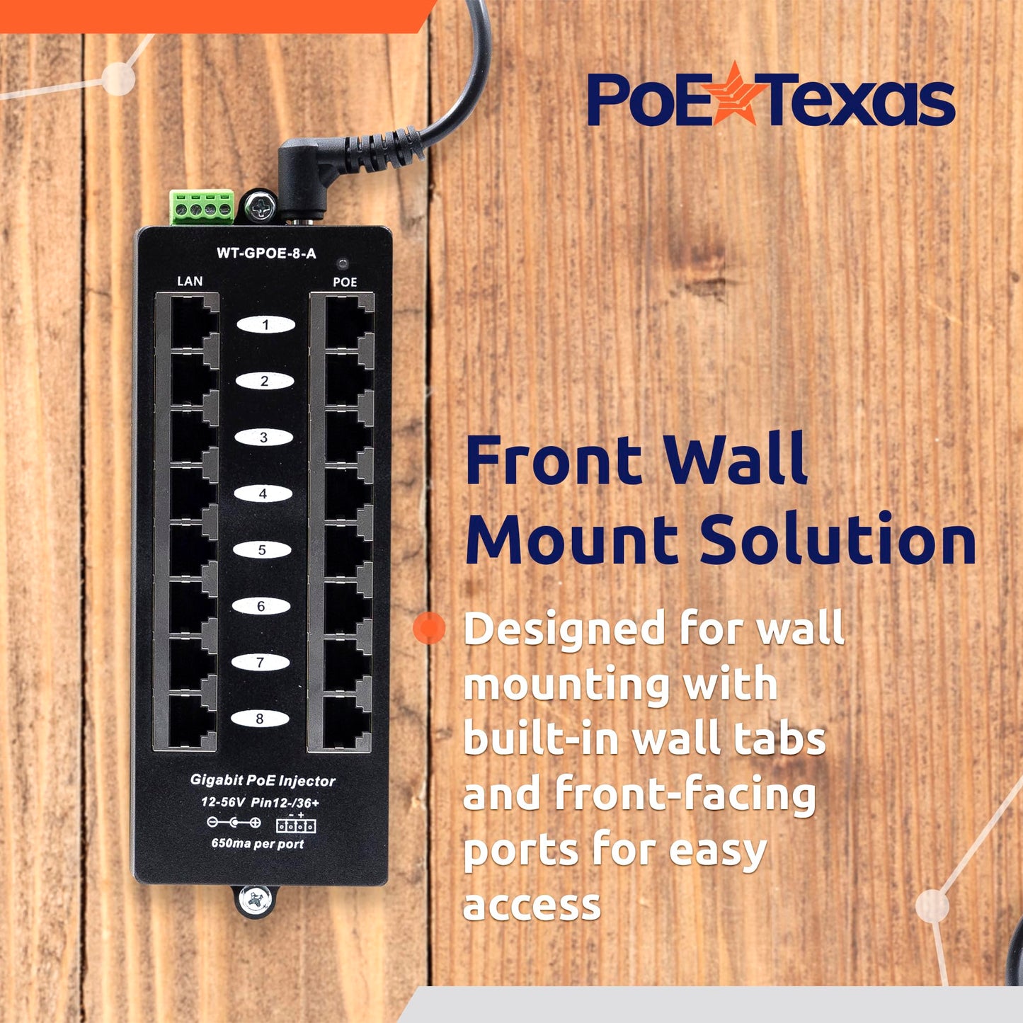 PoE Texas 8 Port PoE Injector - Gigabit Passive Power Over Ethernet Midspan - Front Wall Mount for Security Cameras, IP Phones, WiFi APs - Works