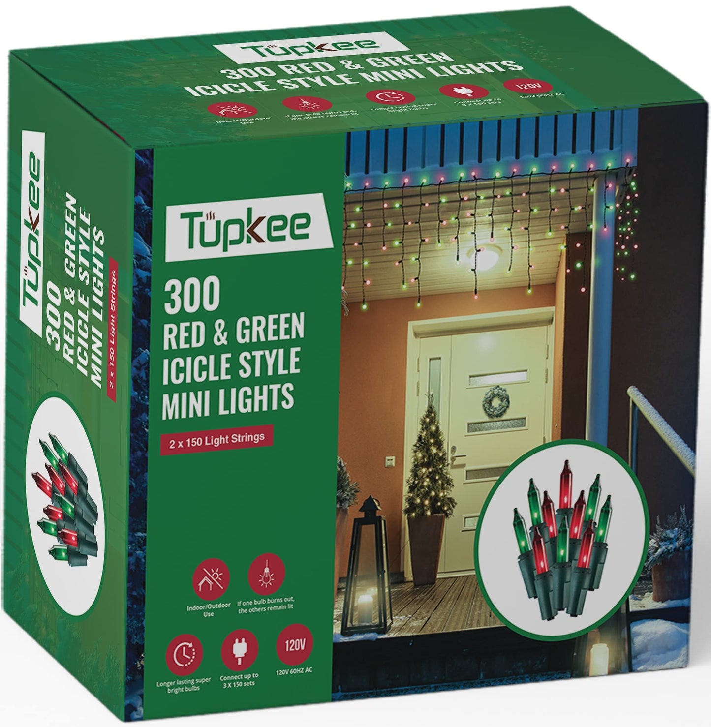 Tupkee Christmas Icicle Lights - Red & Green Incandescent, Icicle Style Mini Lights - 17 Feet, 300 Bulbs, Indoor & Outdoor Christmas Decorations