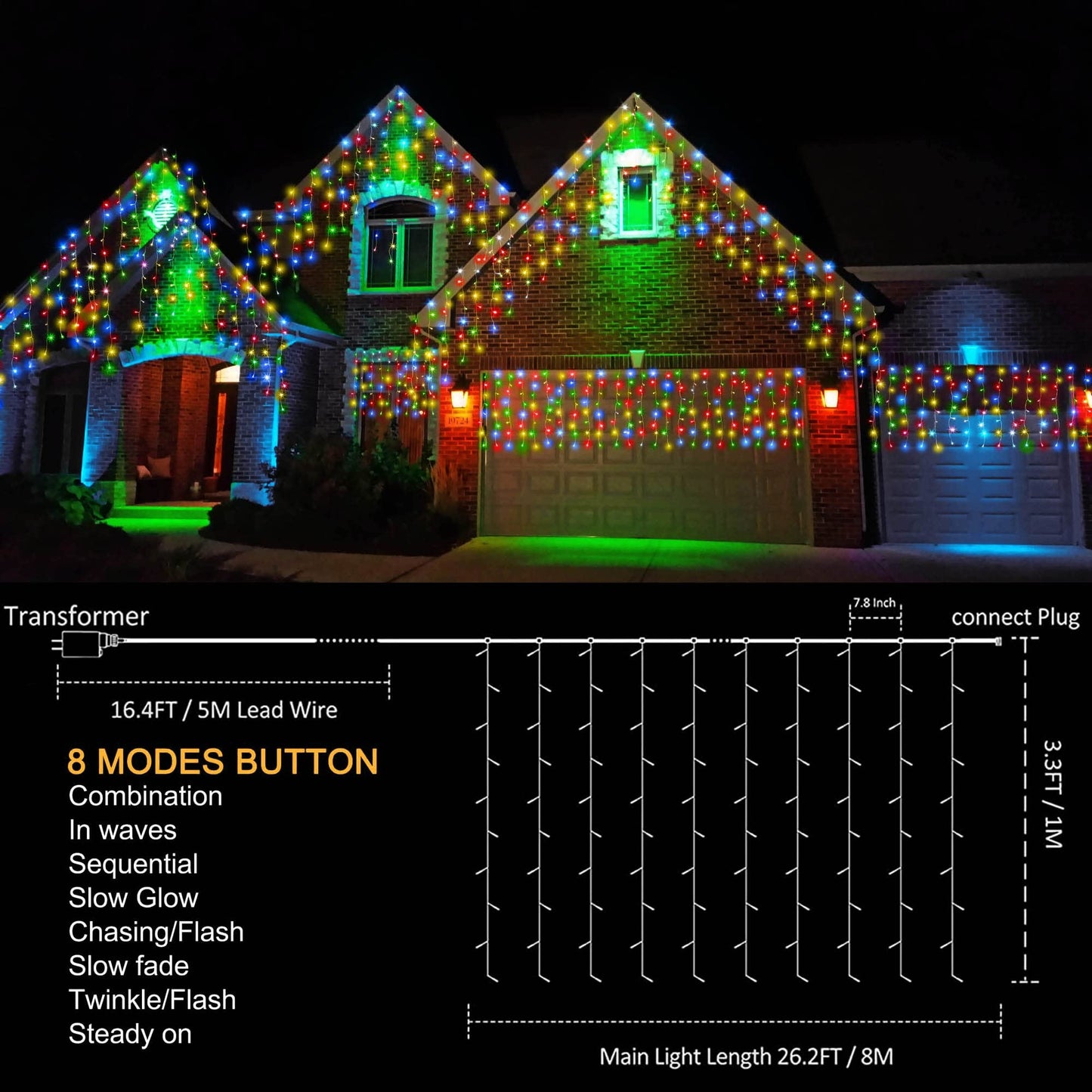 kemooie 400 LED Outdoor Curtain Lights, 26.2FT x 3.3FT Connectable 8 Lighting Modes for Christmas Decorations Bedroom Wall Party Garden Decorations