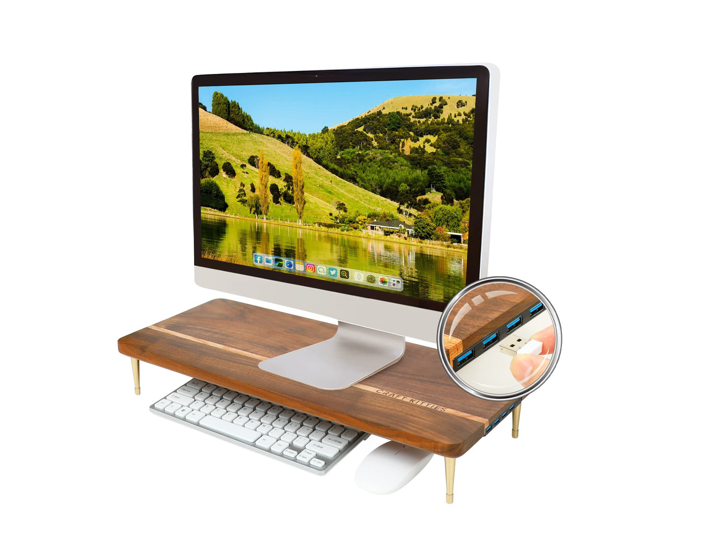 CRAFT KITTIES Monitor Stand Wood Riser with 4 USB Ports, Computer Monitor Stand with America Walnut Data Transfer Charging Hub -Compatible