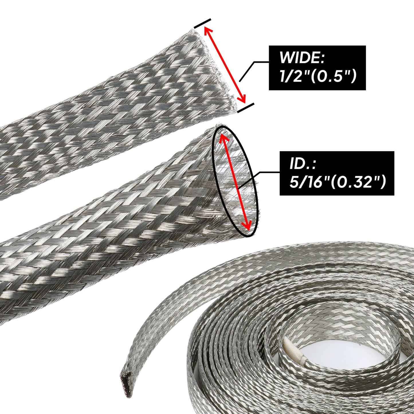 Wire Shielding Braid Ground Strap Tinned Copper Metal Cable Sleeve Mesh Electrical Signal Screening 5/16" ID (1/2 inch - 8ft)