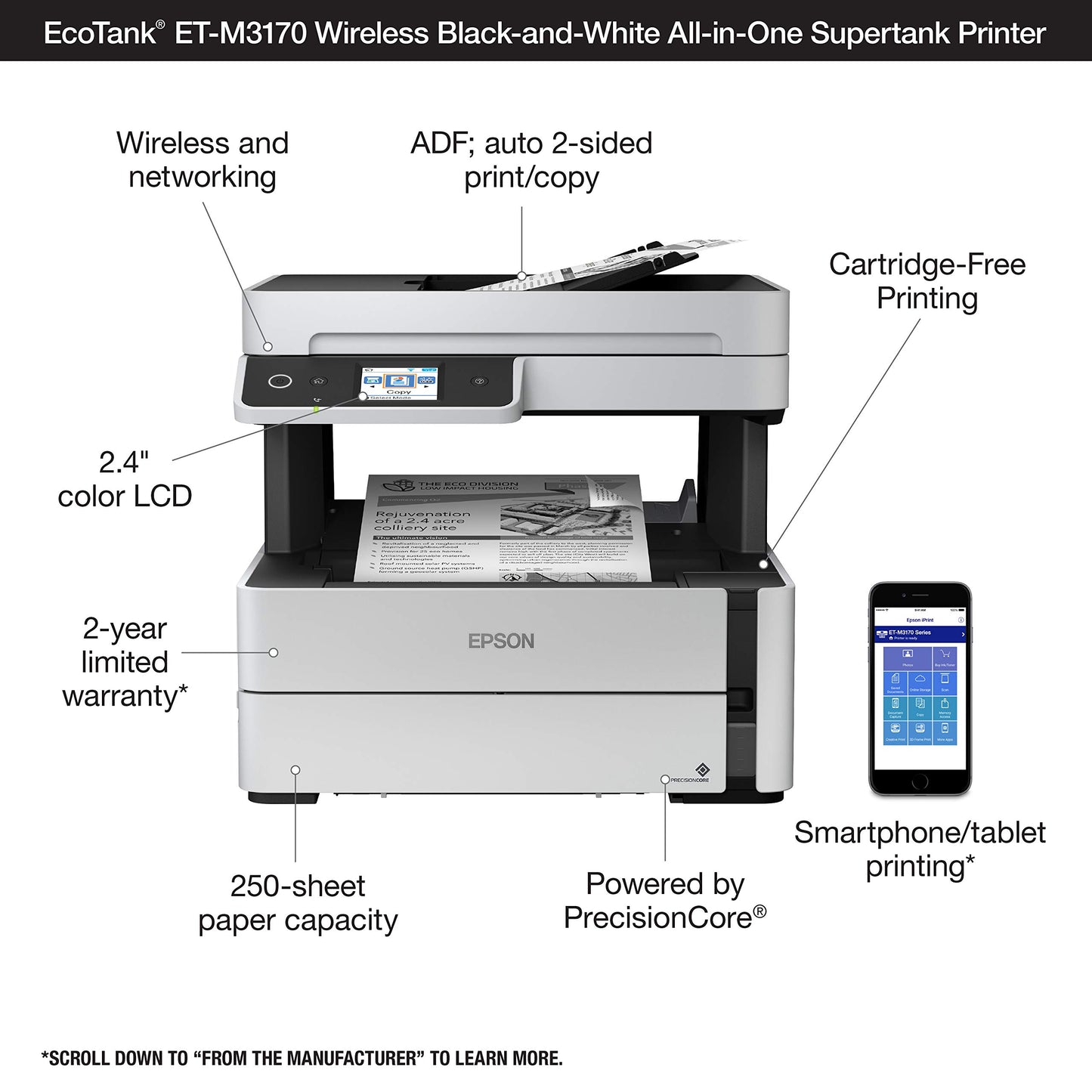 Epson EcoTank ET-M3170 Wireless Monochrome All-in-One Supertank Printer with ADF, Fax and Ethernet Plus 2 Years of Unlimited Ink*