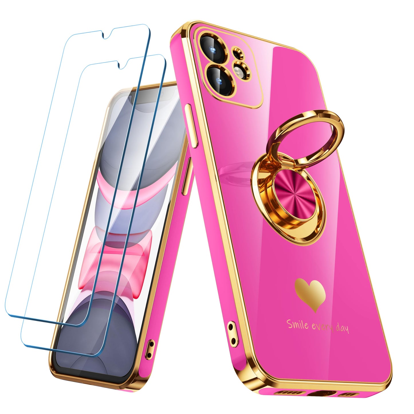 Nonional Compatible for iPhone 11 Case with 2 Pack Screen Protector, 360° Rotatable Ring Holder [Luxury Hearts Pattern] Plating Gold Edge Slim Soft