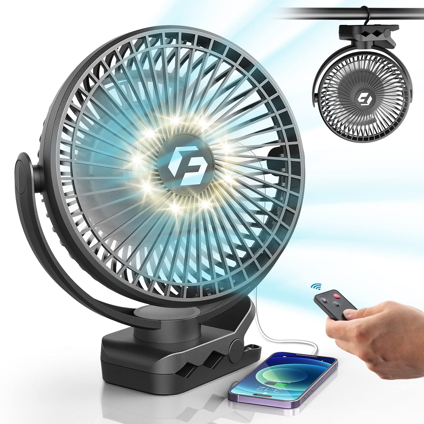 8" Clip on Fan, 20000mAh Rechargeable Fan Battery Portable, Strong Airflow