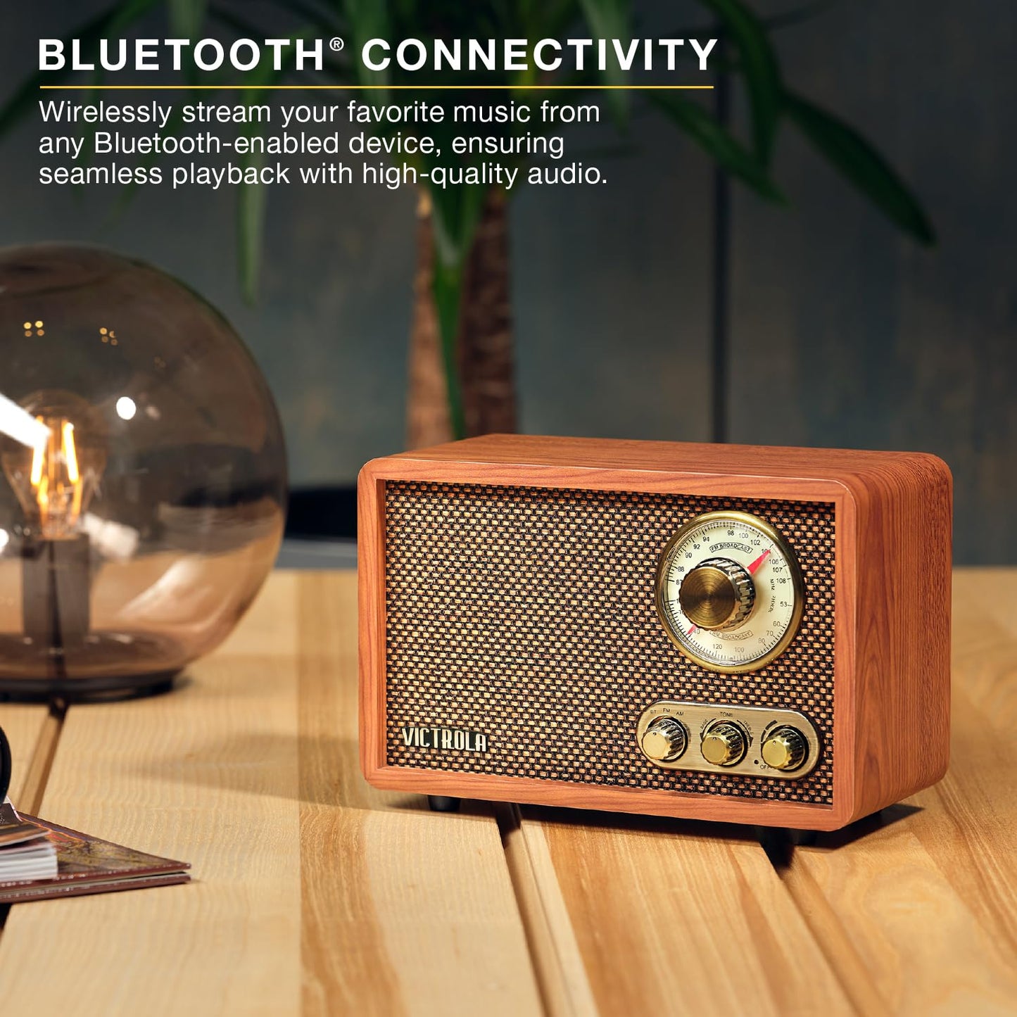 Victrola Willow - Retro Wood Bluetooth Radio with Built-in Speakers: Elegant & Vintage Design, Rotary AM/FM Tuning Dial, Bass & Treble Control