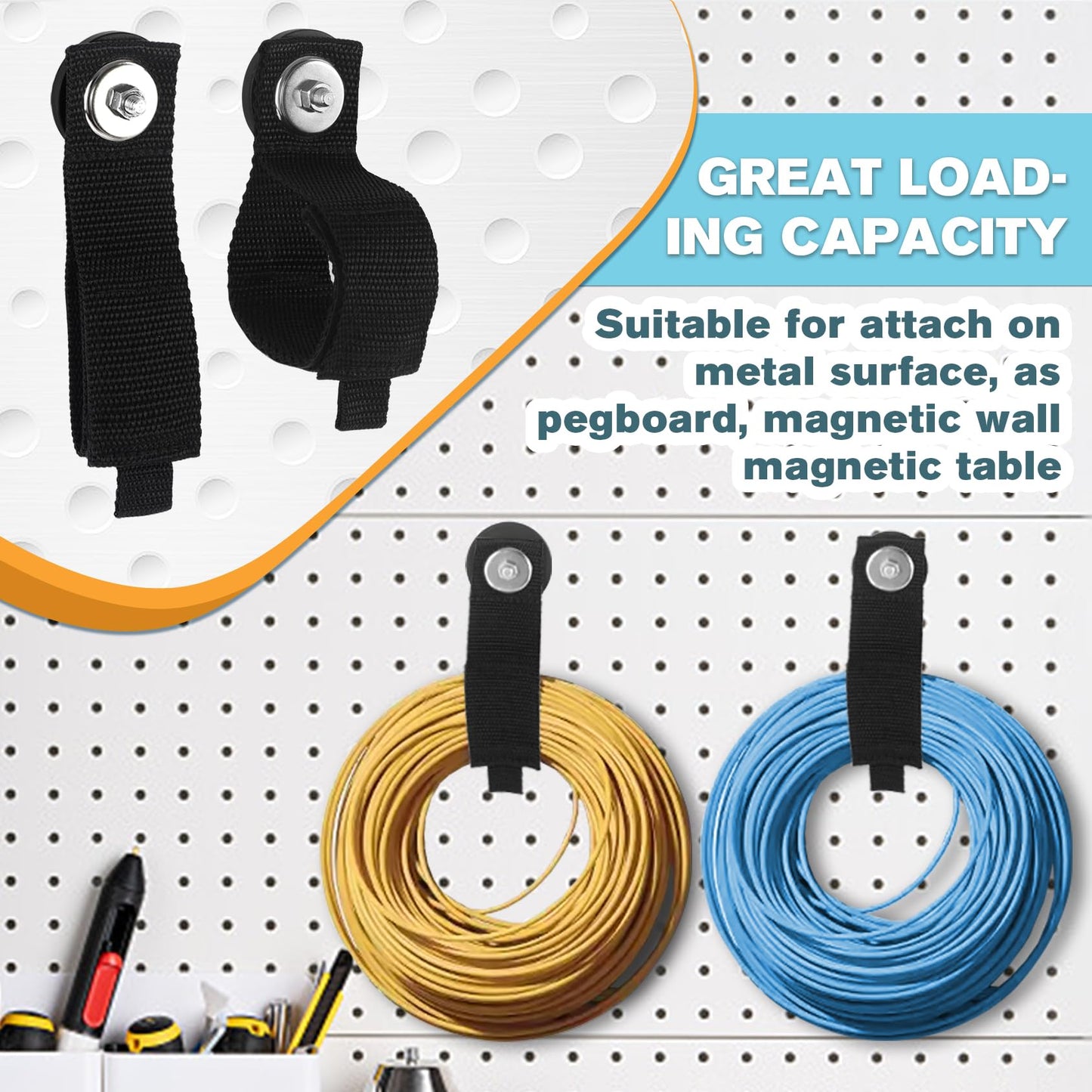 Xuuza 3 Pack Magnetic Extension Cord Organizers, 2.6-inch Magnet Hooks Heavy Duty Magnetic Hangers Cable Straps Holder Stick to Metal Pegboard, Great