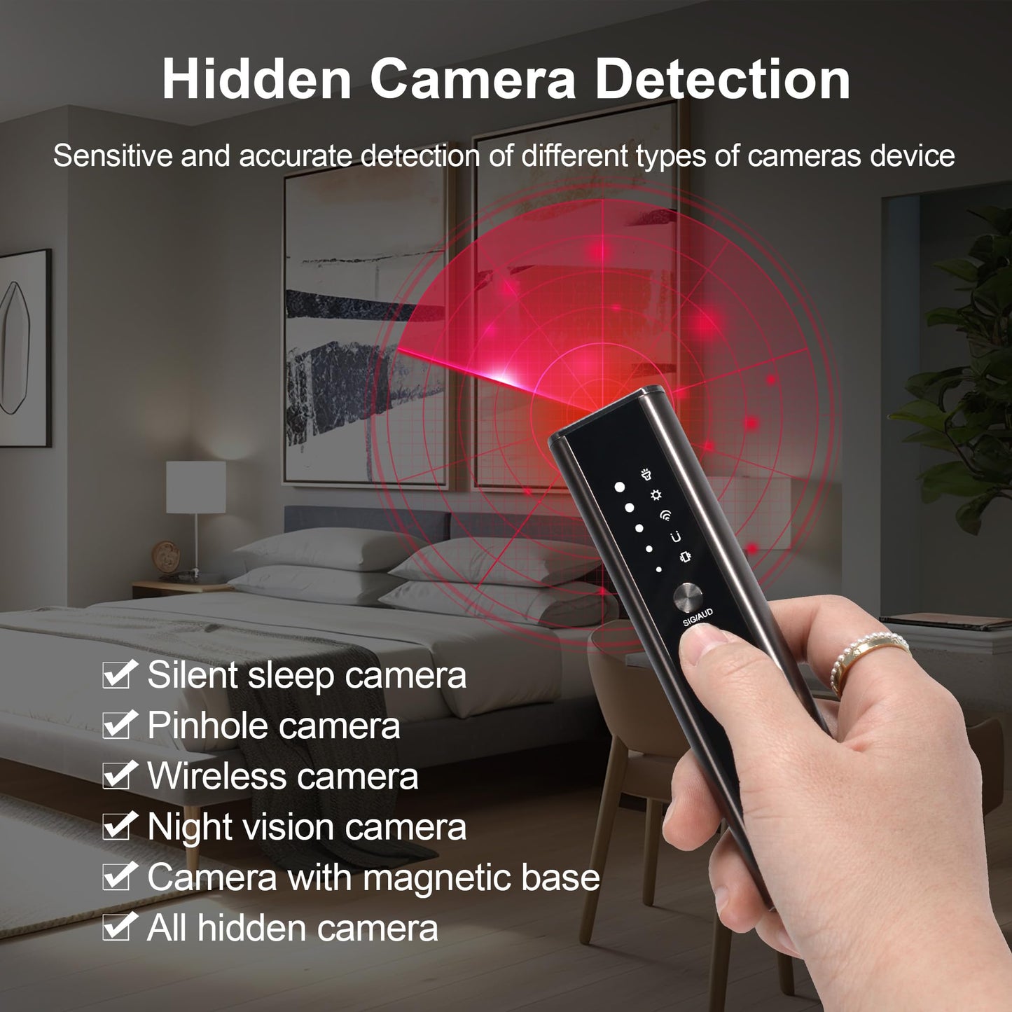 [2025 VER] Hidden Device Detector, Hidden Camera Detectors with Vibration Sound Alarm, Camera Finder with Flashlight, GPS Tracker Detector for Car