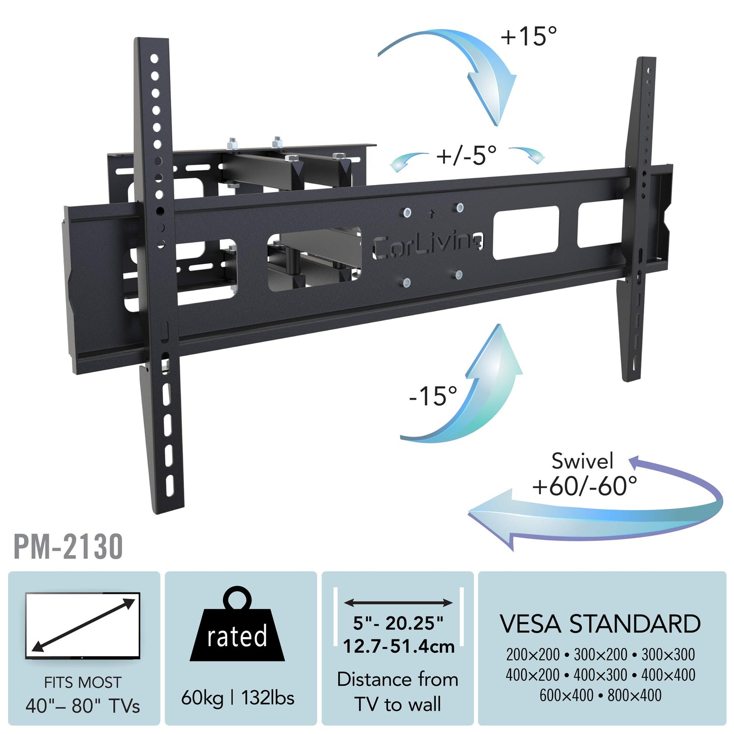 CorLiving Full Motion Flat Panel Wall Mount for 40-Inch to 80-Inch TV's