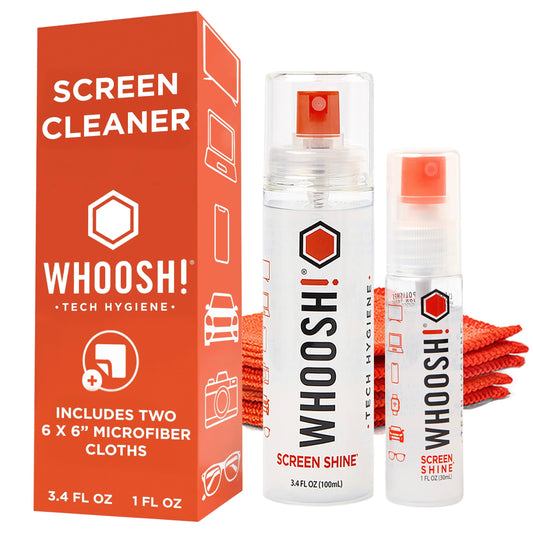 WHOOSH! Screen Shine Duo XL - Screen Cleaner Spray and Wipe for Eyeglasses, Phone & Laptop - Removes Fingerprints - Includes 3.4 oz + 1 oz Leak-Free