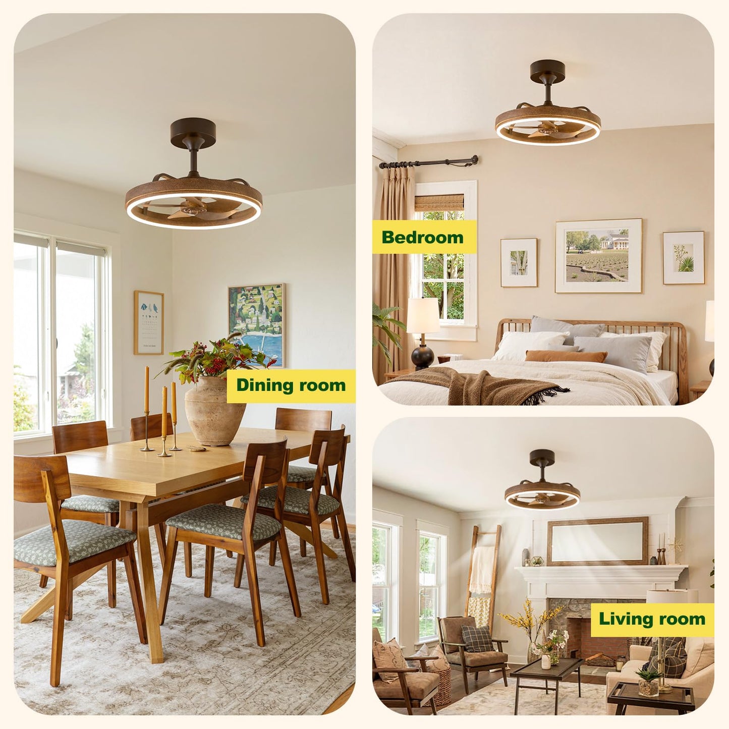 SAYTOP Farmhouse Fandelier Retro Ceiling Fan with Light, 20" Rustic Brown Dimmable LED Chandelier Ceiling Fans, Low Profile Smart Bladeless Ceiling