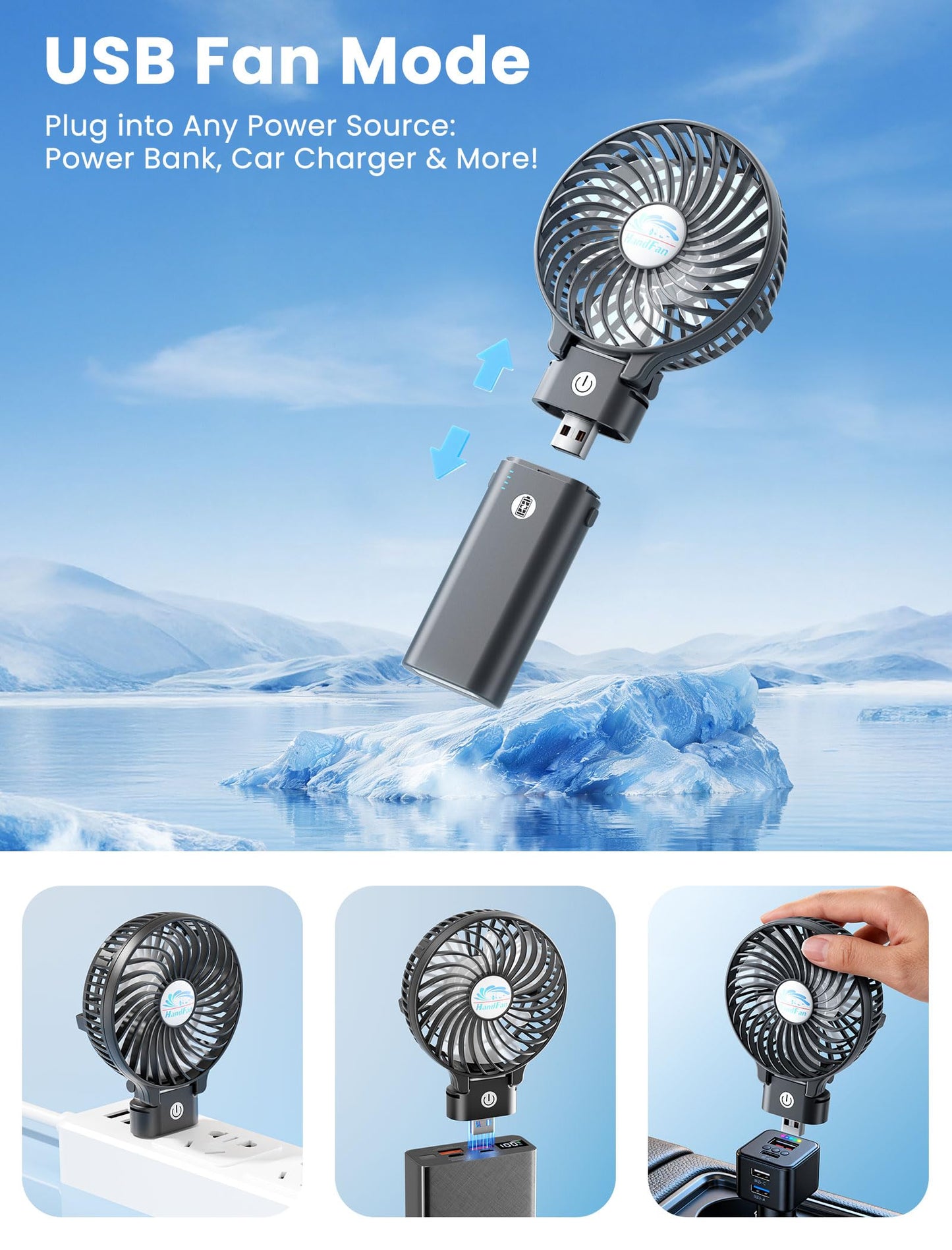 HandFan 5200mAh Portable Handheld Fan, Personal Hand Held Fan USB Rechargeable, 180° Foldable,3 Speeds Strong Airflow Cooling Fan