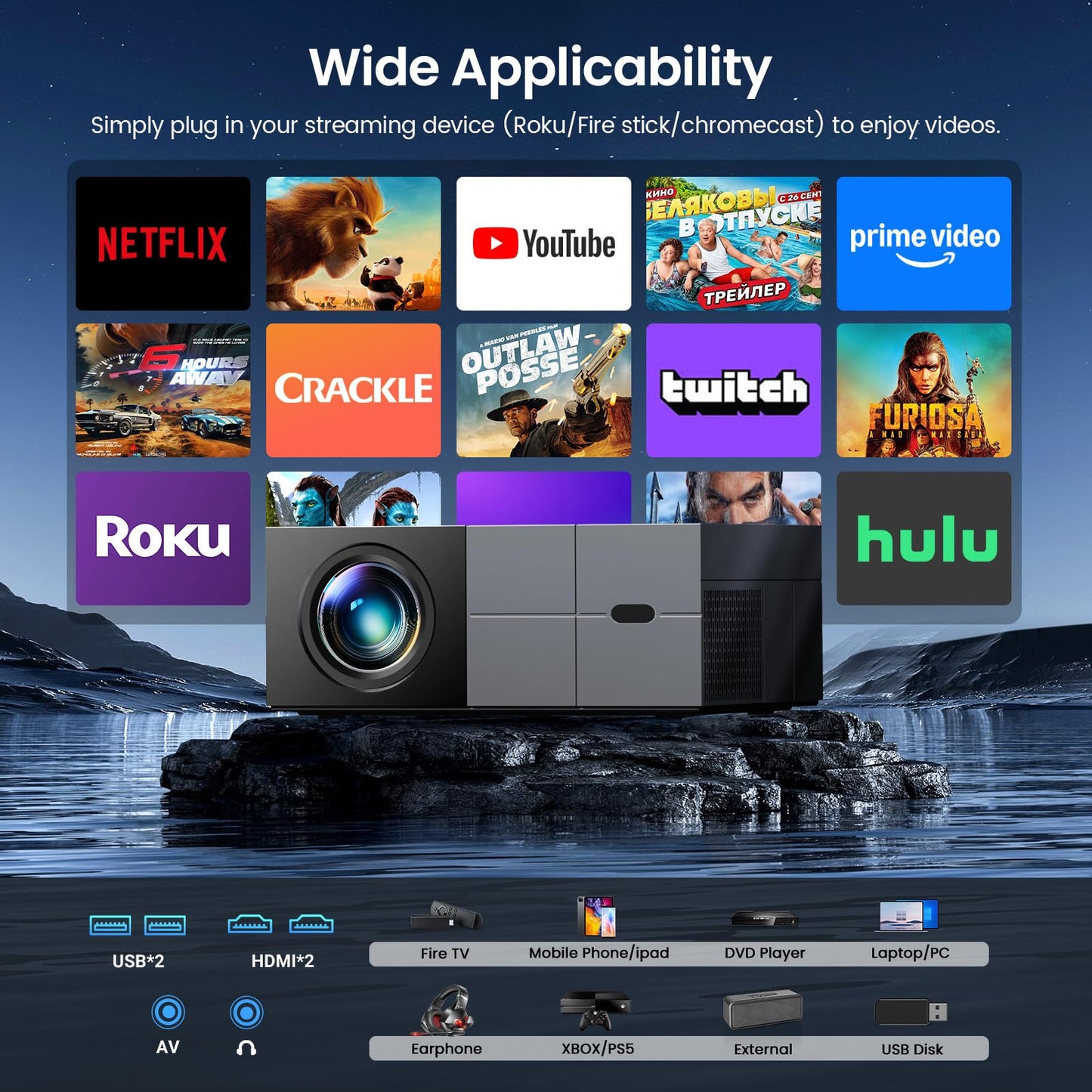 Projector with WiFi and Bluetooth - [High Brightness/Electric Focus]Outdoor Movie Projector ,Portable Smart Home Projector 1080P 4K Supported