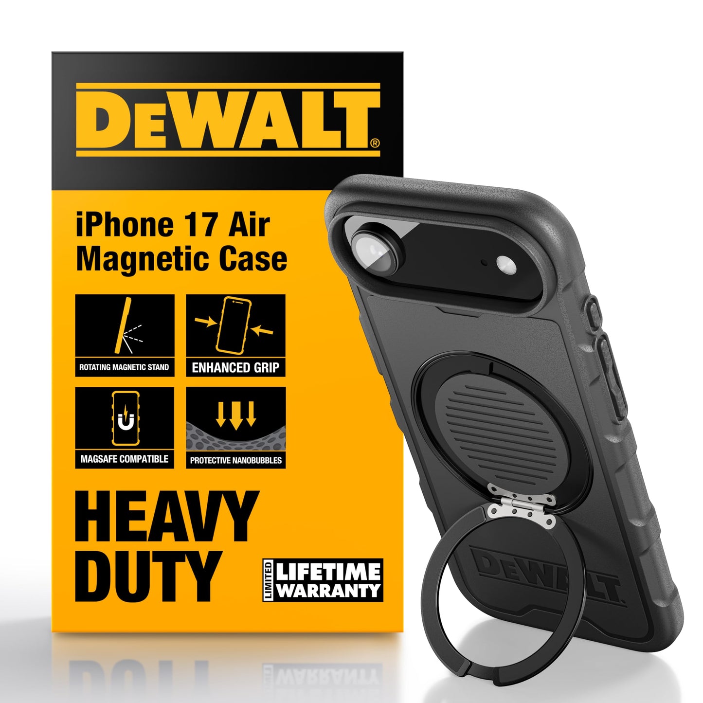 DEWALT Compatible iPhone 17 Air Magnetic Case with Stand, Rugged Shockproof Cover w/ 360° Rotatable Ring Holder, Compatible with MagSafe iPhone 17 Air