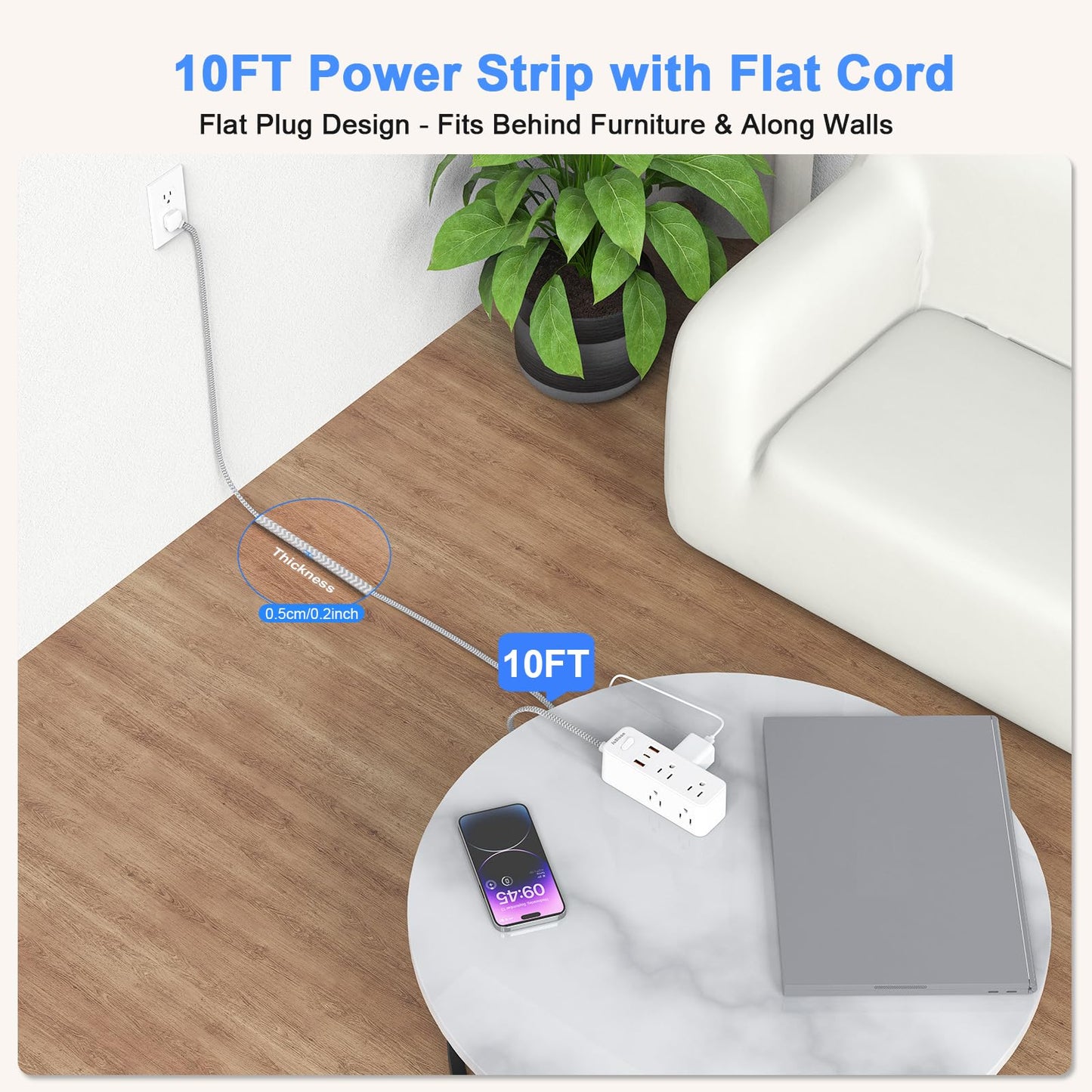 Extension Cord with Multiple outlets, 10 Ft Braided Power Cord, 6 Widely Outlets with 3 USB Ports (1 USB C), Ultra Thin Flat Plug, 3 Sided 1050J Power