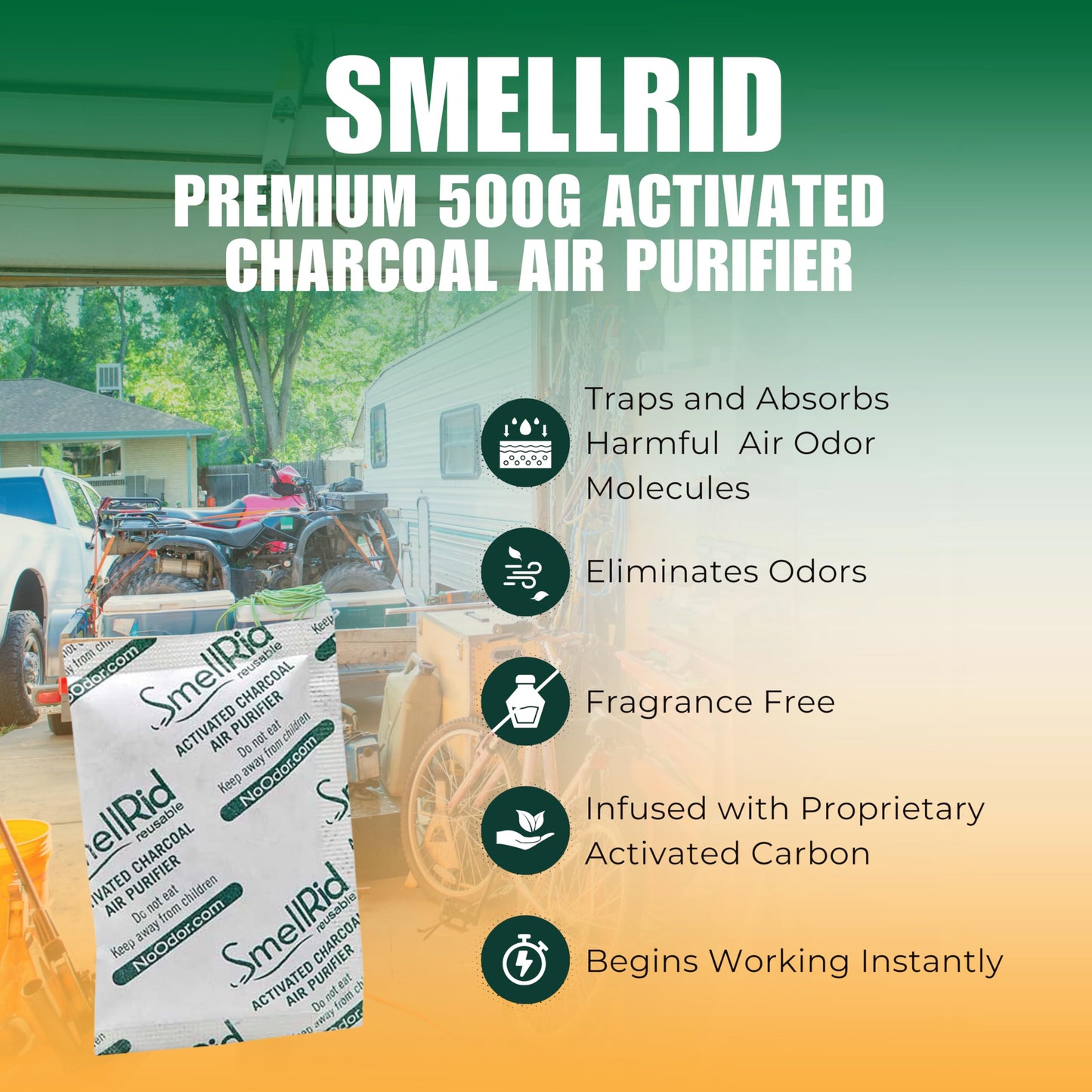 SMELLRID Reusable Activated Charcoal Air Purifier & Smell Eliminator [1 Pack] - XX Large 500g (7.5" x 8.7") Pack Treats 250 Sq. Ft. - Premium Natural