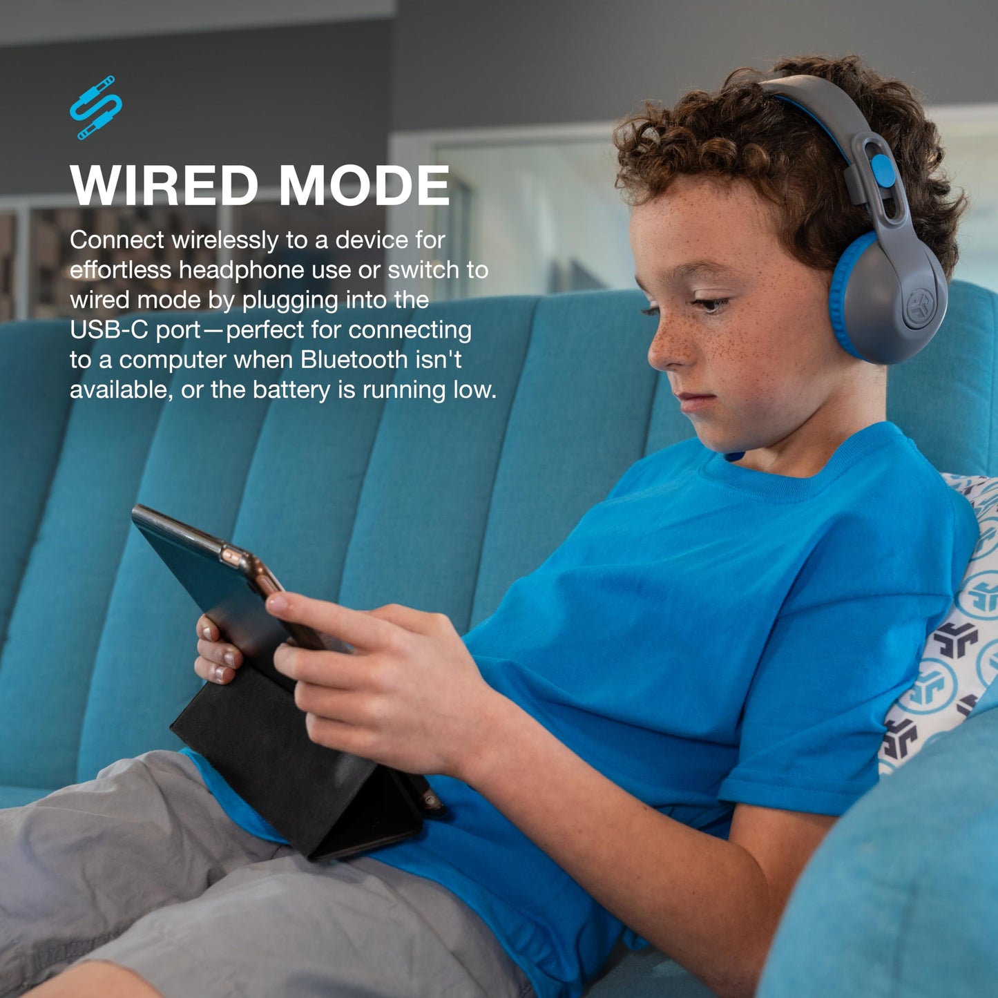 JLab JBuddies Studio 2 Wireless +Wired On-Ear Kids Headphones, Grey/Blue, 65+ Hour Battery Life, Share Mode, Volume Safe, Volume Limiter, Folding…