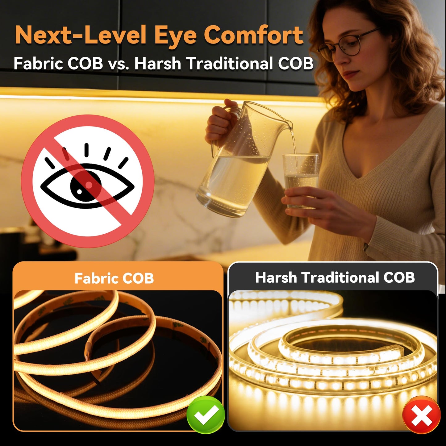 INFINILUX 2400K Amber Blue Light Blocking LED Strip, Soft Fabric COB Sleep Aid Nightlight for Bedroom, Nursery, Reading & Meditation, 59" USB Powered