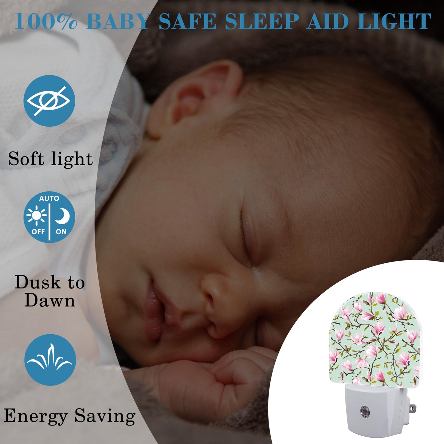 Uiaoiais Plug in Night Lights Magnolia Flowers and Leaves Nightlight Plug Into Wall Dusk to Dawn Sensor LED Night Light for Kid Girls Boys Room Decor