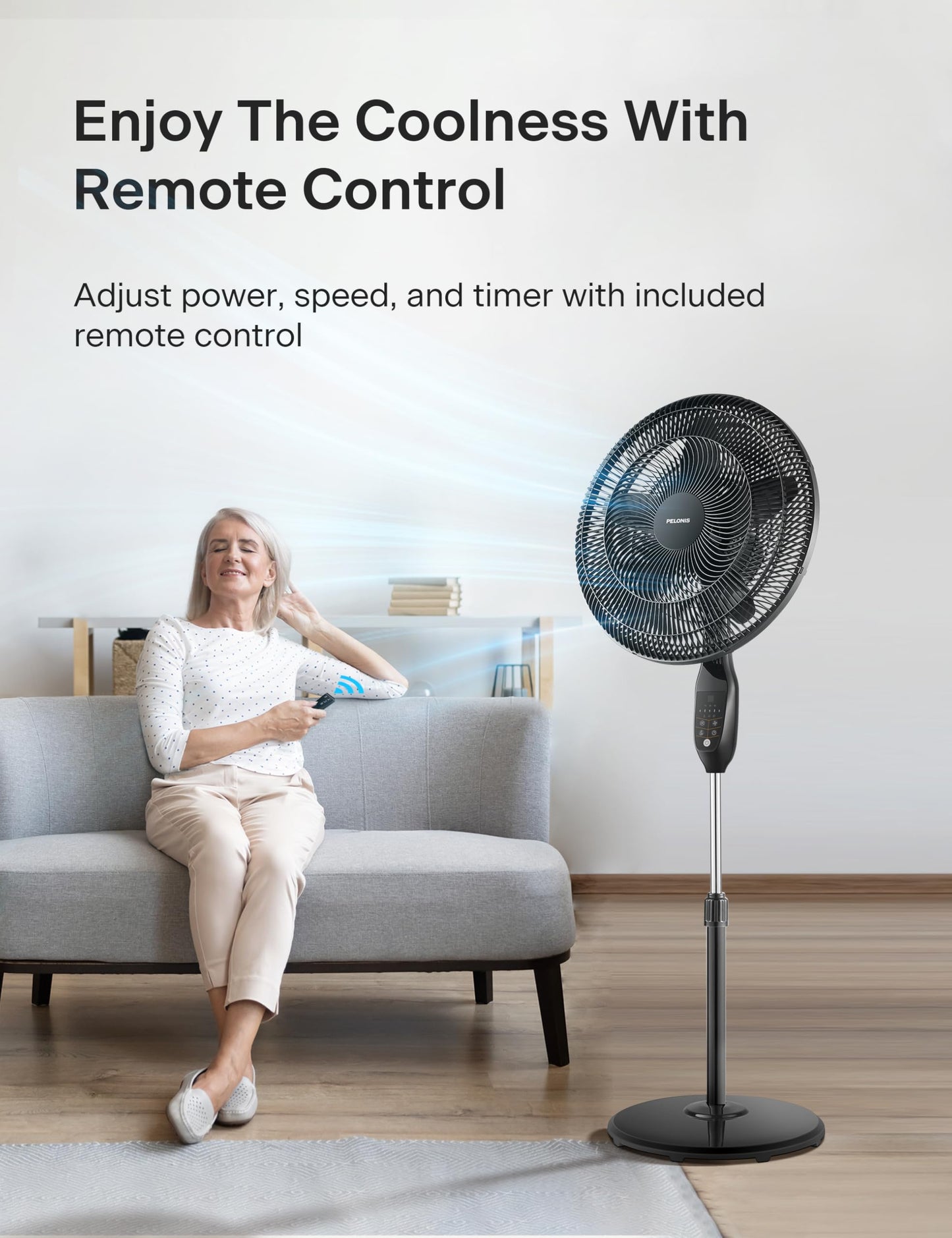 PELONIS 18" 5-Blade Adjustable Oscillating Pedestal Fan with Remote, Black