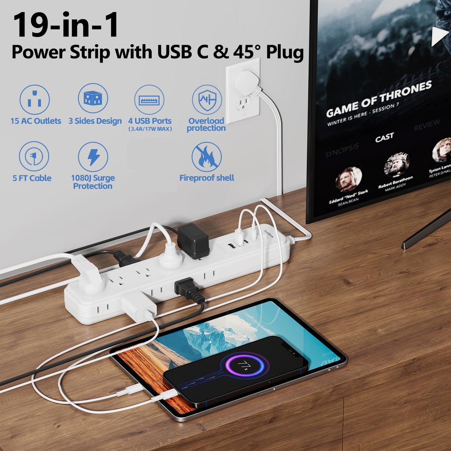 5Ft Power Strip Surge Protector - TerHavn Extension Cord with 15 AC Outlets and 4 USB Ports for for Home, Office, Dorm Essentials, 1080 Joules,15A