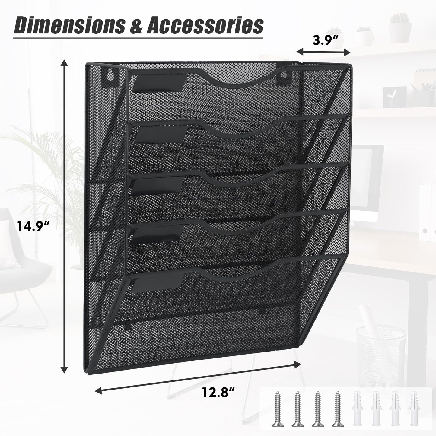 EASEPRES 5 Pocket Mesh Hanging Wall File Organizer, Wall Mounted Mail Paper Document Folder Holder, Clipboard Storage Organization Magazine Rack