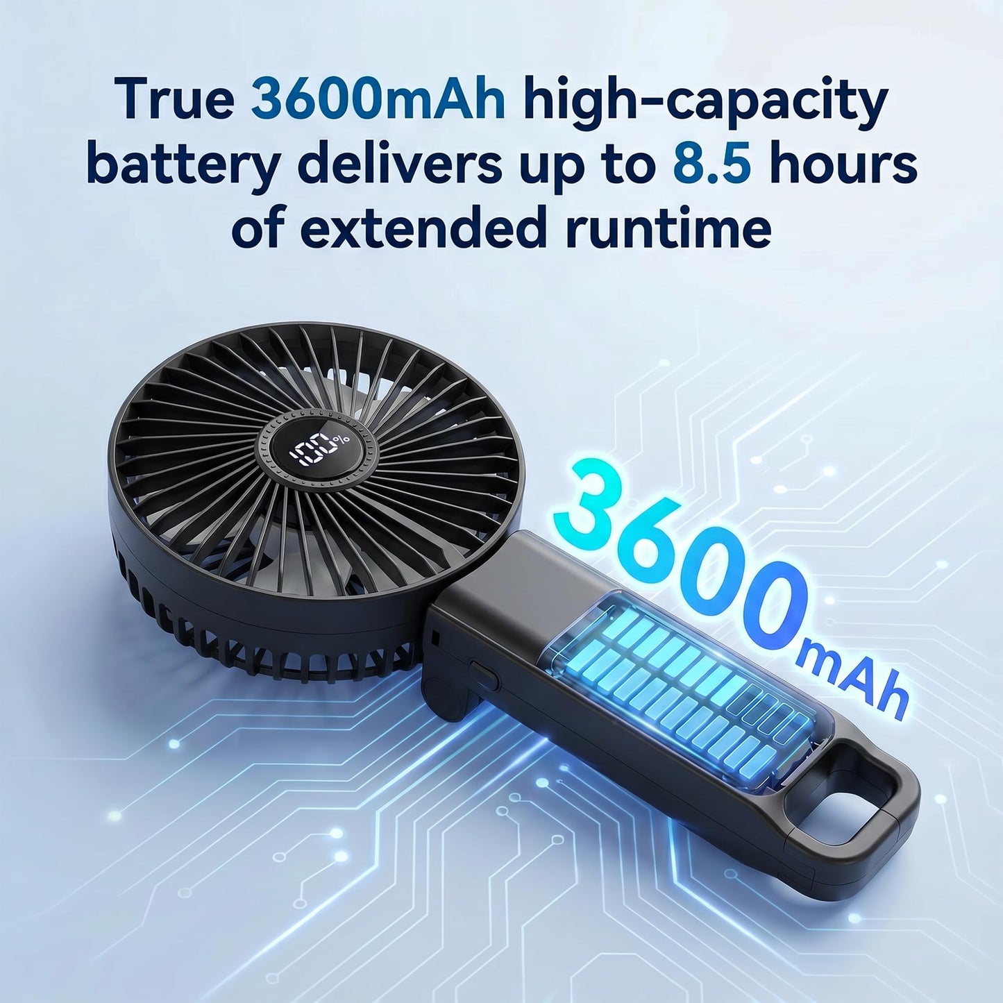 Zyriolin Foldable Handheld Fan, 3600mAh Rechargeable Personal Fan, Quiet 5-Speed, Up to 9 Hours, Compact Travel Fan for Office, Outdoor, Pets, Sports