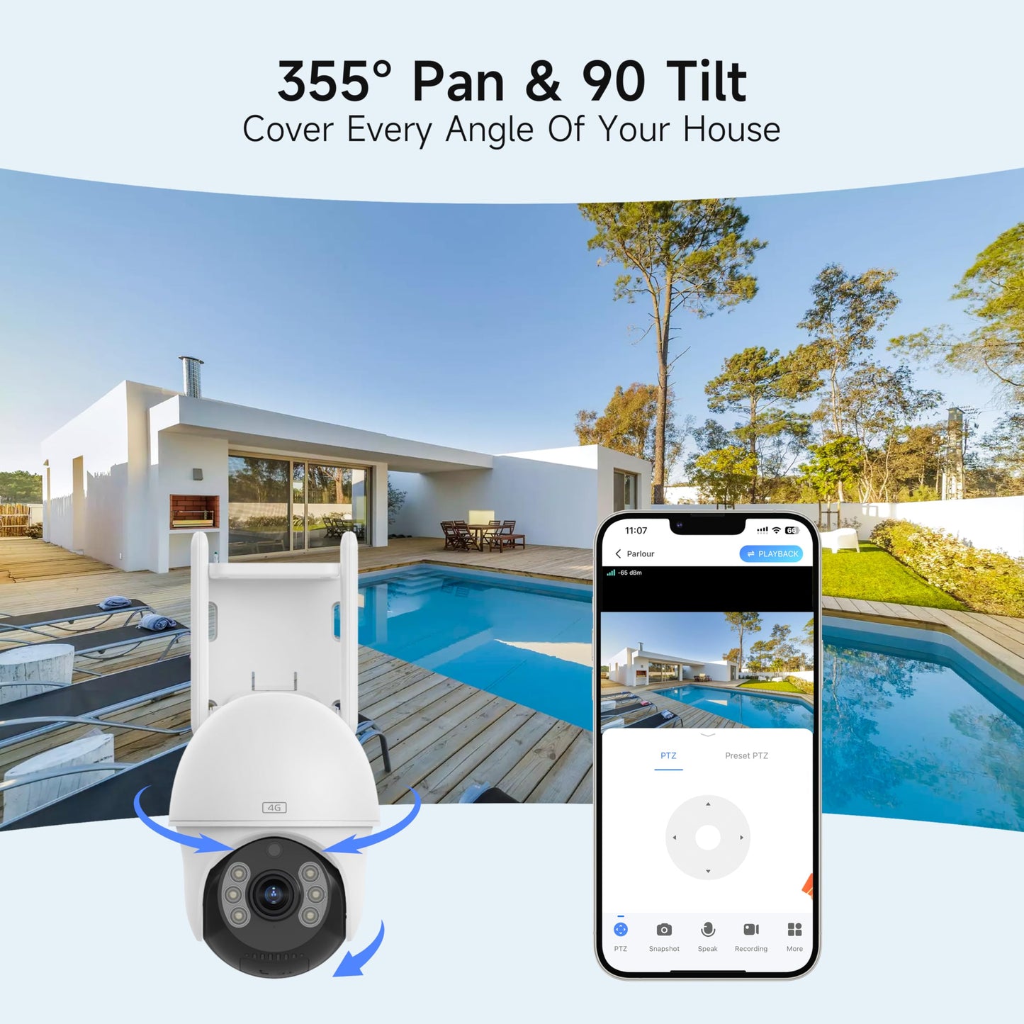 bizv 4G LTE Outdoor Cellular Security Camera Wireless,Pan Tilt 360°View Spotlight,2K Night Vision,2 Way Talk,PIR Motion Sensor,No WiFi,Clear Starlight