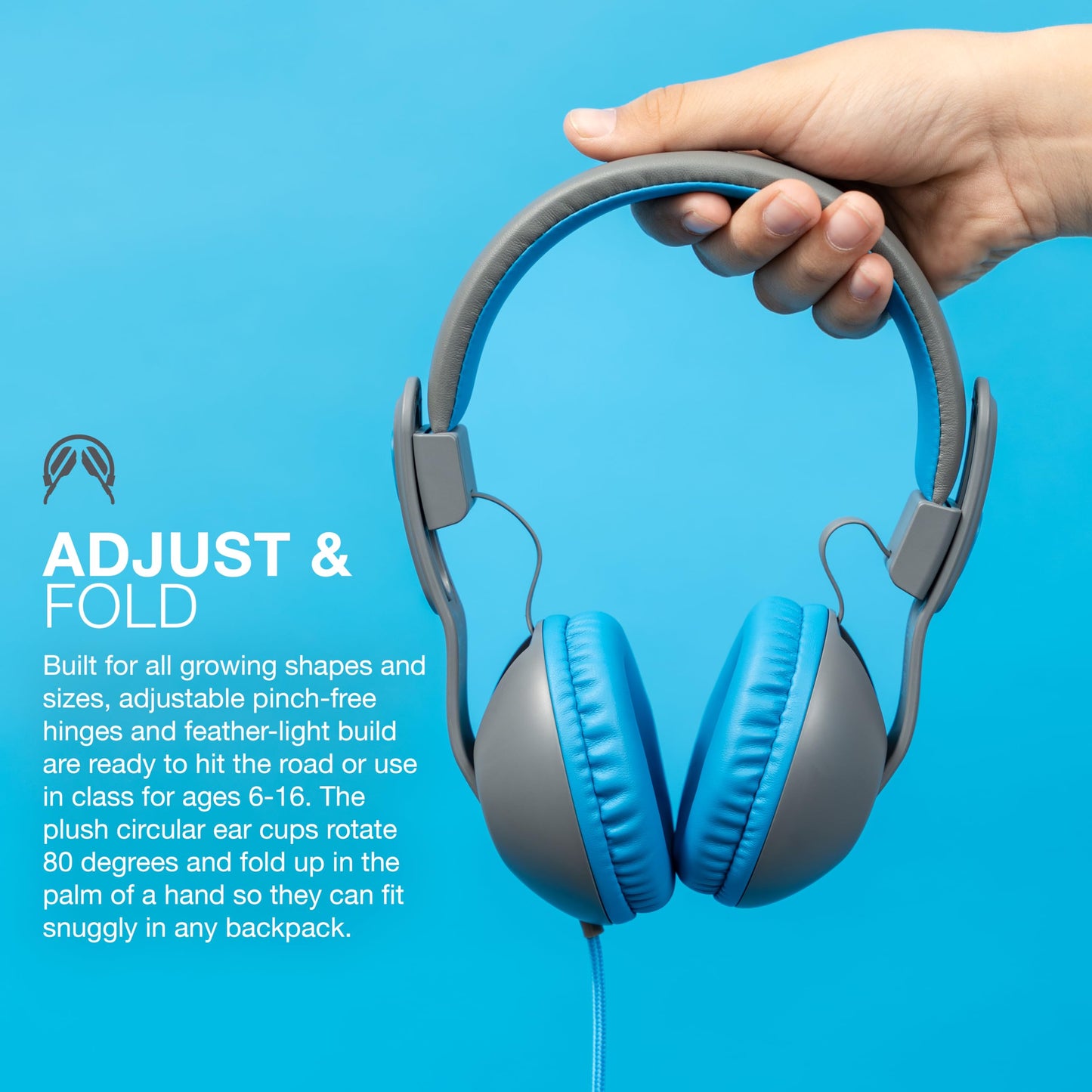 JLab JBuddies Studio 2 On-Ear Kids Wired Headphones, Grey/Blue, Toddler Headphones, Kid Safe, Studio Volume Safe, Volume Limiter, Folding…