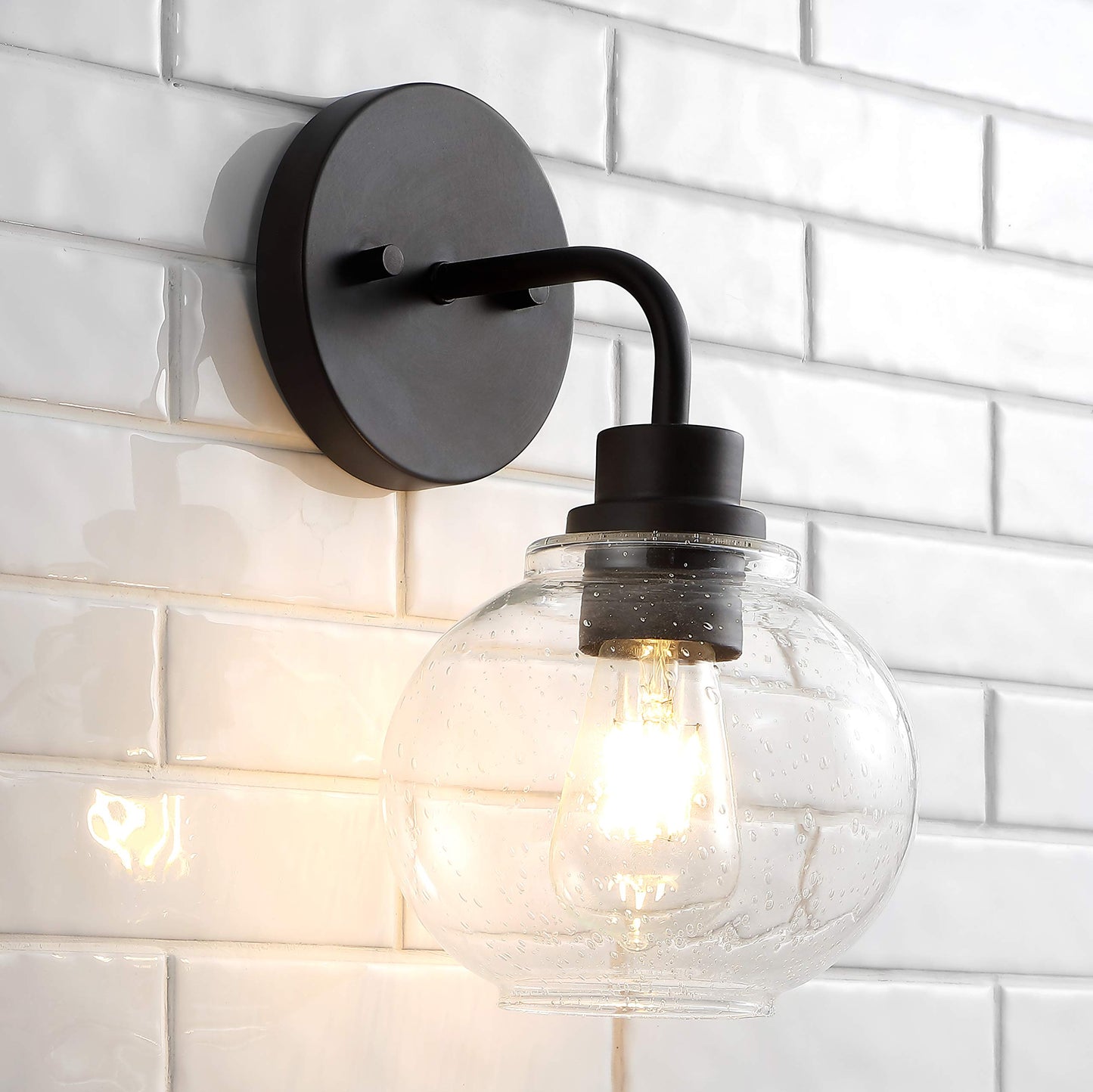JONATHAN Y 6.5" Oil Rubbed Bronze 1-Light Farmhouse LED Vanity Light Wall Sconce for Bathroom, Clear Seeded Glass Shade, Industrial Iron Indoor