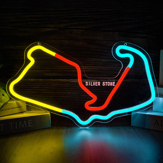 Silver Stone Neon Sign for Wall Decor USB Powered Wall Art Racing Track Neon Light Dimmable Led Sign for Man Cave Garage Game Room Gift for Formula 1
