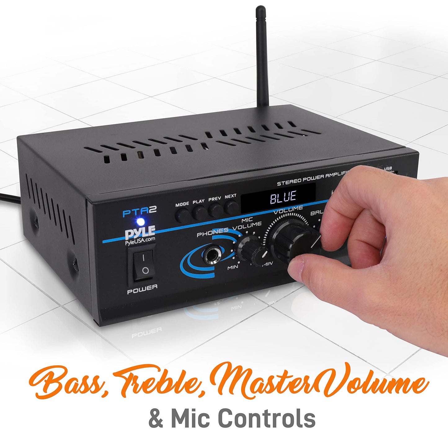Pyle Home Audio Power Amplifier System - 2X40W Bluetooth Mini Dual Channel Mixer Sound Stereo Receiver Box w/ AUX, Mic Input - For Amplified Speakers
