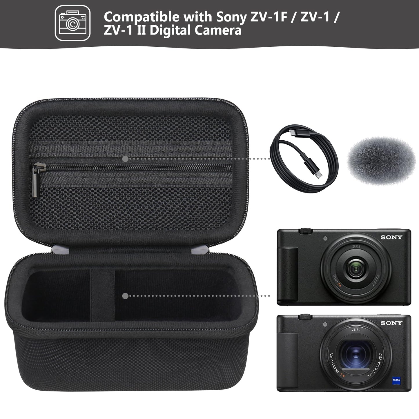 Supmay Hard Travel Case for Sony ZV-1F / ZV-1 / ZV-1 II Digital Camera, Vlogger Camera Storage Holder Travel Bag with Zipper Mesh Pocket for Battery