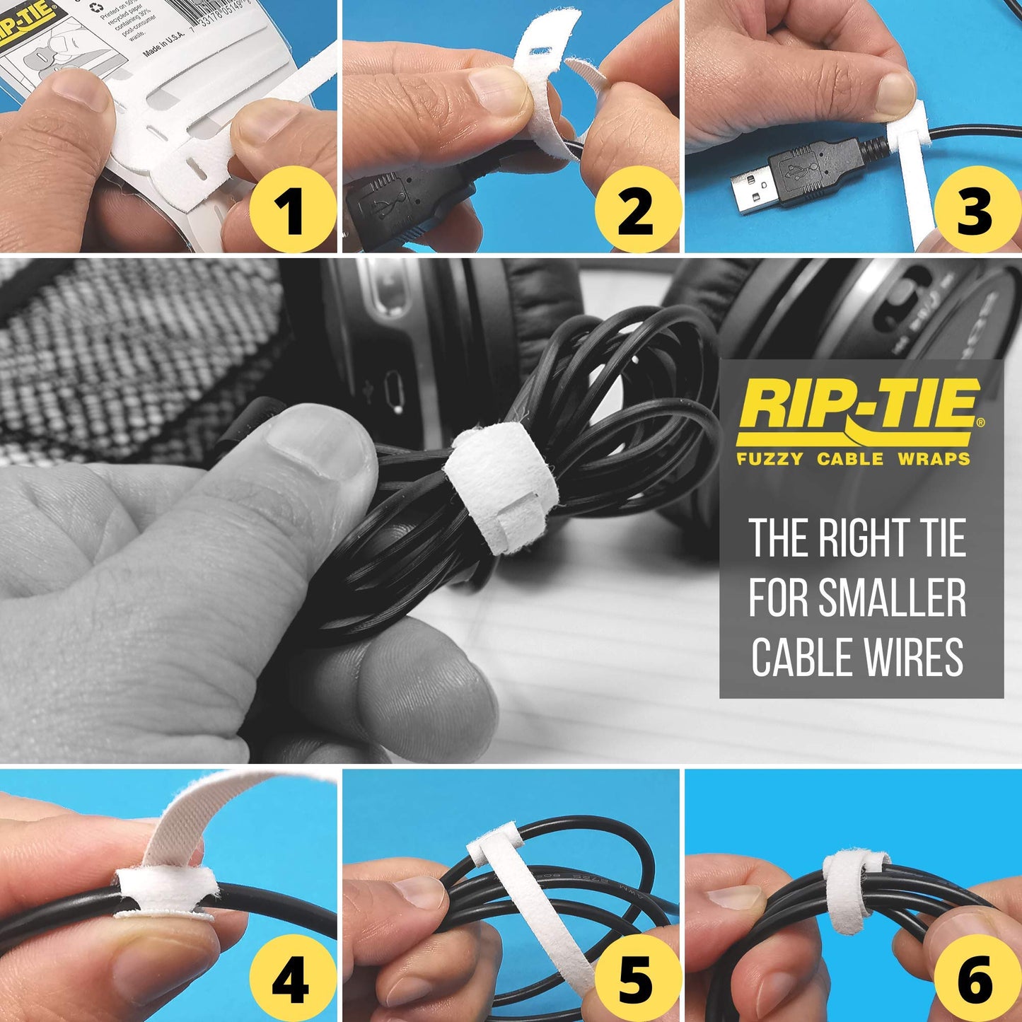 RIP-TIE Mini 1/4" x 3-1/2" Cable Tie Perfect for USB Cable, Earbud Cords, Cell Phone Cord 56 Pack Black