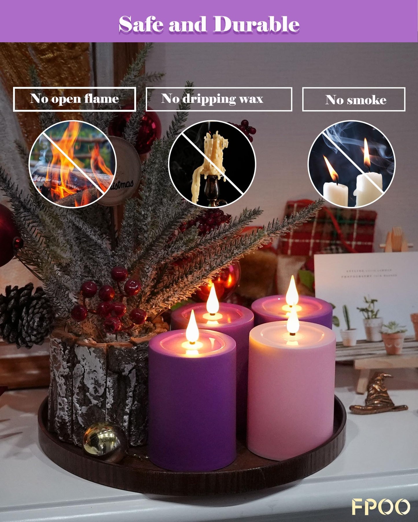 FPOO Advent Candles Battery Operated Set of 4, Flameless Candles with Remote Timer for Advent Wreath Church Décor (3‘’x 5‘’)