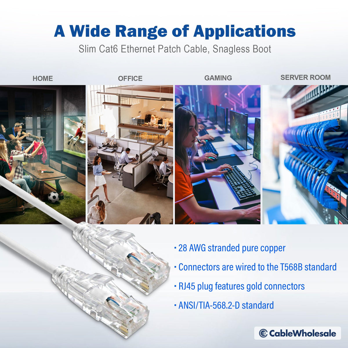 CableWholesale Cat6 Slim UTP Ethernet Cable, 28 AWG, PoE+, 25 ft, White