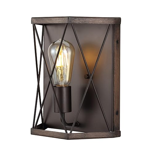 JONATHAN Y 8.25" Wood Finished/Oil Rubbed Bronze 1-Light Iron Sconce, Rustic Farmhouse X-Frame Wall Lantern for Entryway Hallway, Modern Industrial