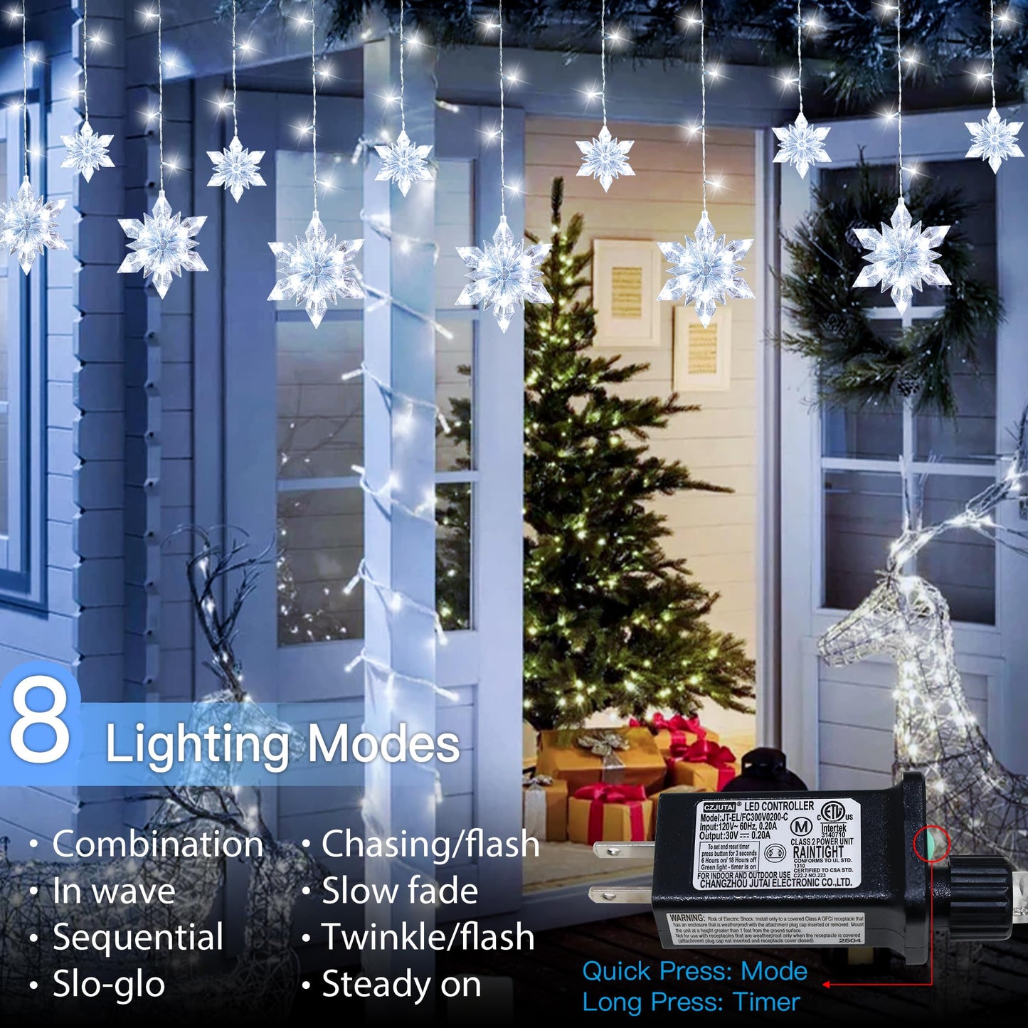 Pellimo Snowflake Christmas Lights Outdoor, 8.2ft 144 LED Connectable Xmas String Light Plug in, Hanging Icicle Lights for House, Eaves, Outside
