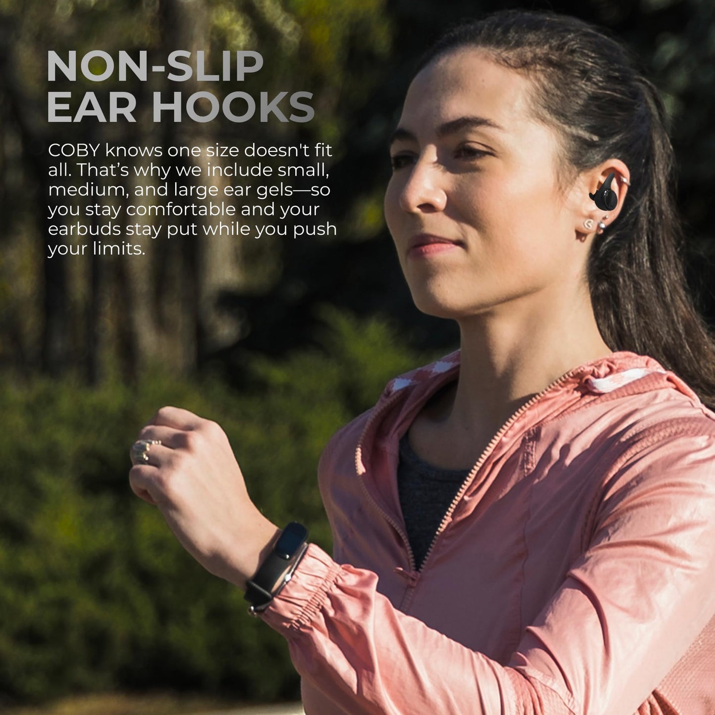 Coby True Wireless Bluetooth Earbuds, Interchangeable Ear Hooks and Tips, Multi-Sized Ear Gels, Sweat-Resistant Design, 14-Hour Play Time, Drop-Proof…