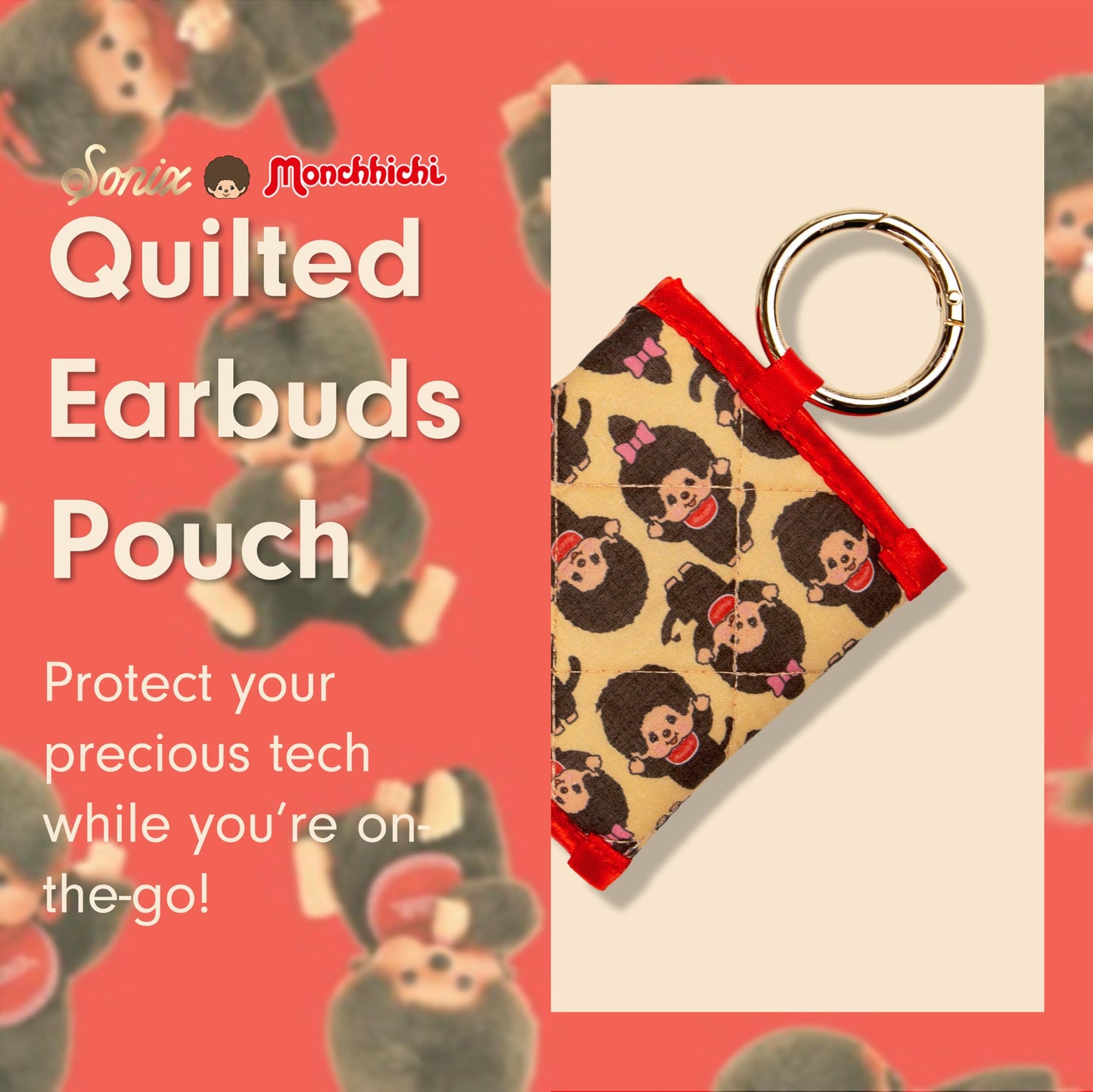 Sonix Quilted Earbud Pouch | Premium Cotton Bag Charm for AirPods, Keychain Storage Case Cover with Carabiner Ring | Monchhichi AOP Latte