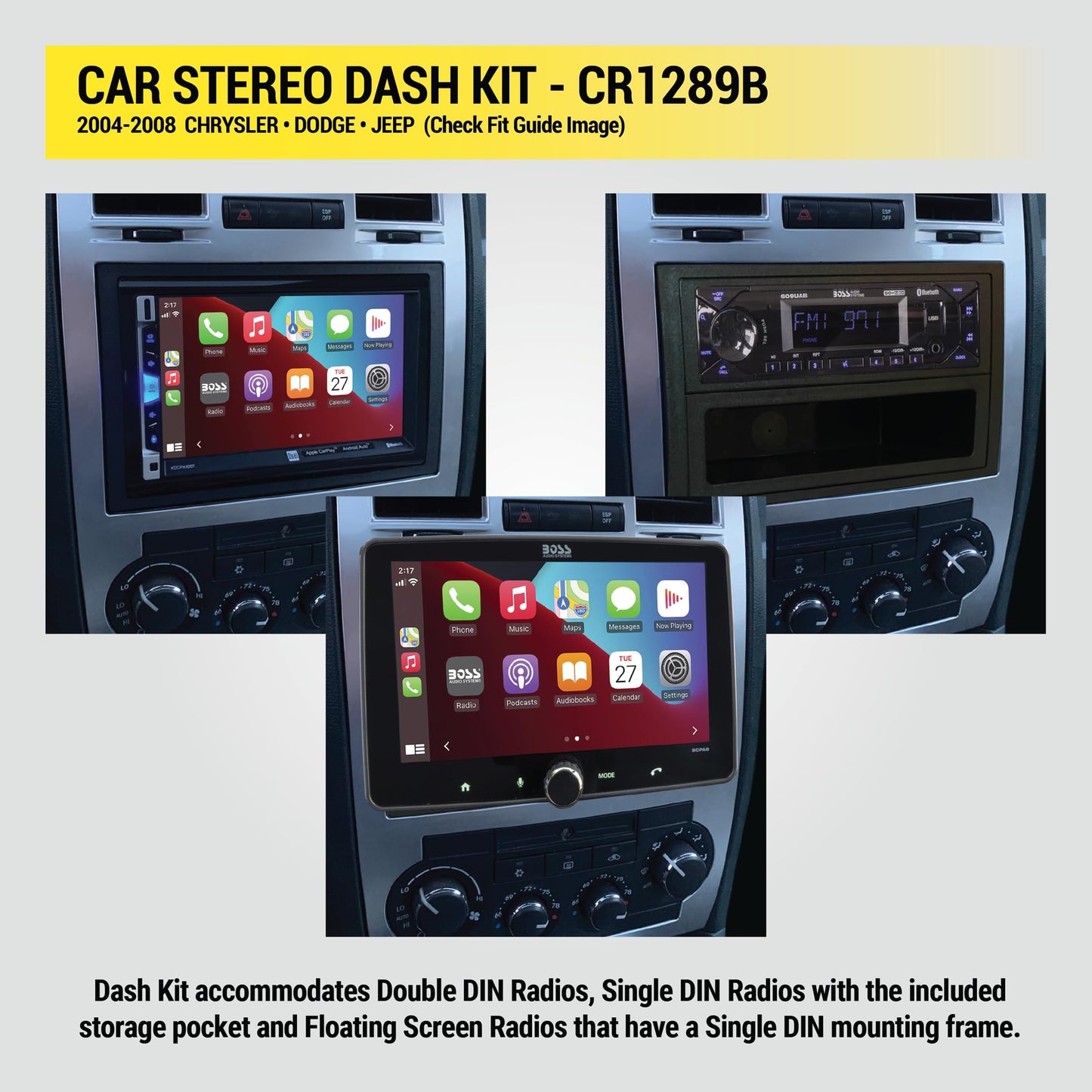 Scosche CR1289B Radio Install Dash Kit Compatible with Select 2005-08 Chrysler, Dodge & Jeep - Fits Double DIN or Single DIN with Storage Pocket - Car